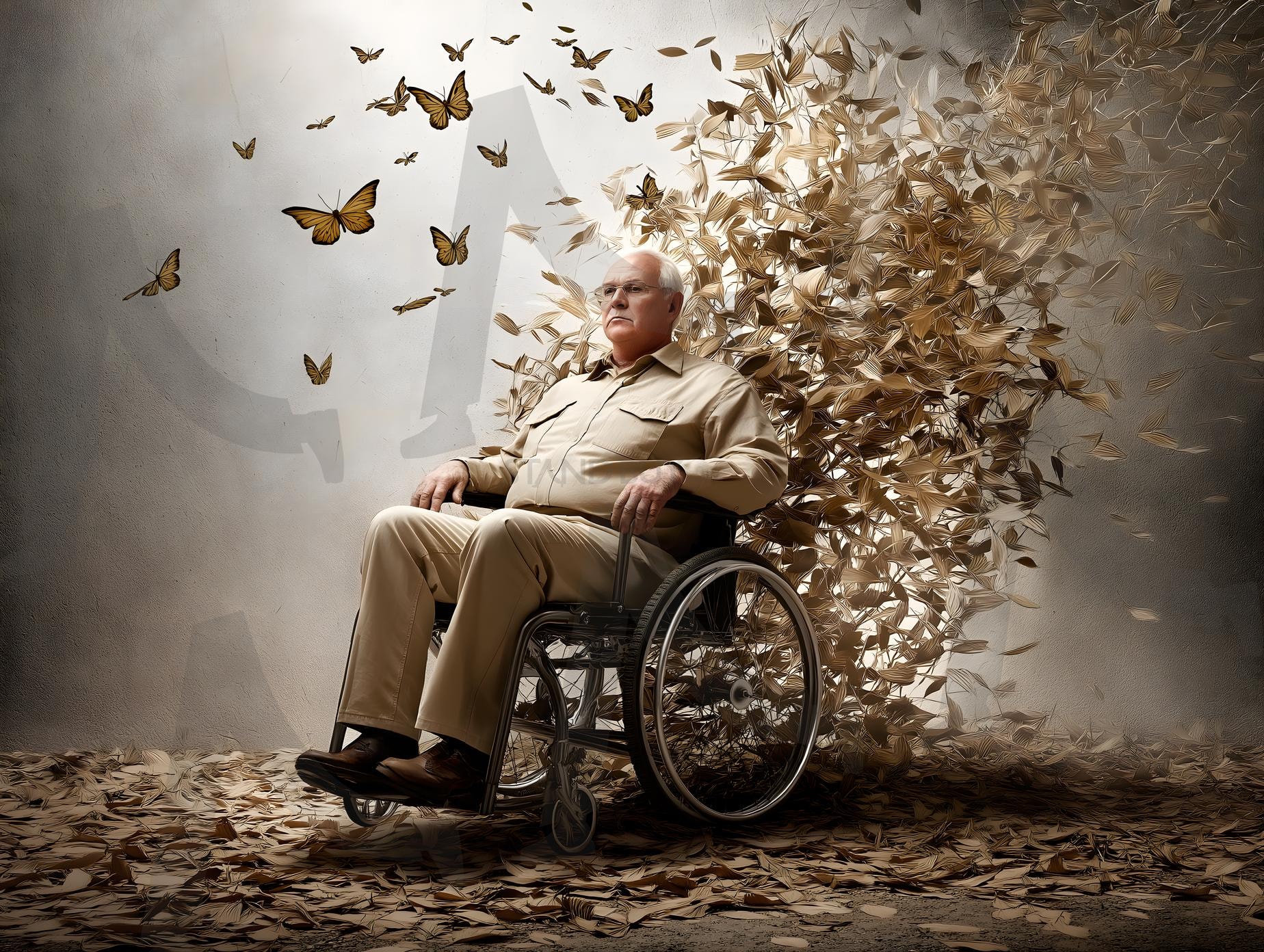 세계 노인의 날을 맞아 휠체어를 탄 노인의 삶을 기리는 날아다니는 나비와의 콜라주 | 노인의 날, 10월 1일, 10월 2일, 노인, 나비, 자유, 해방, 어르신, 휠체어, 기념, 가족, 기념일, 행사, 노화, ai | 스탠바이 STANDBUY 디지털 콘텐츠