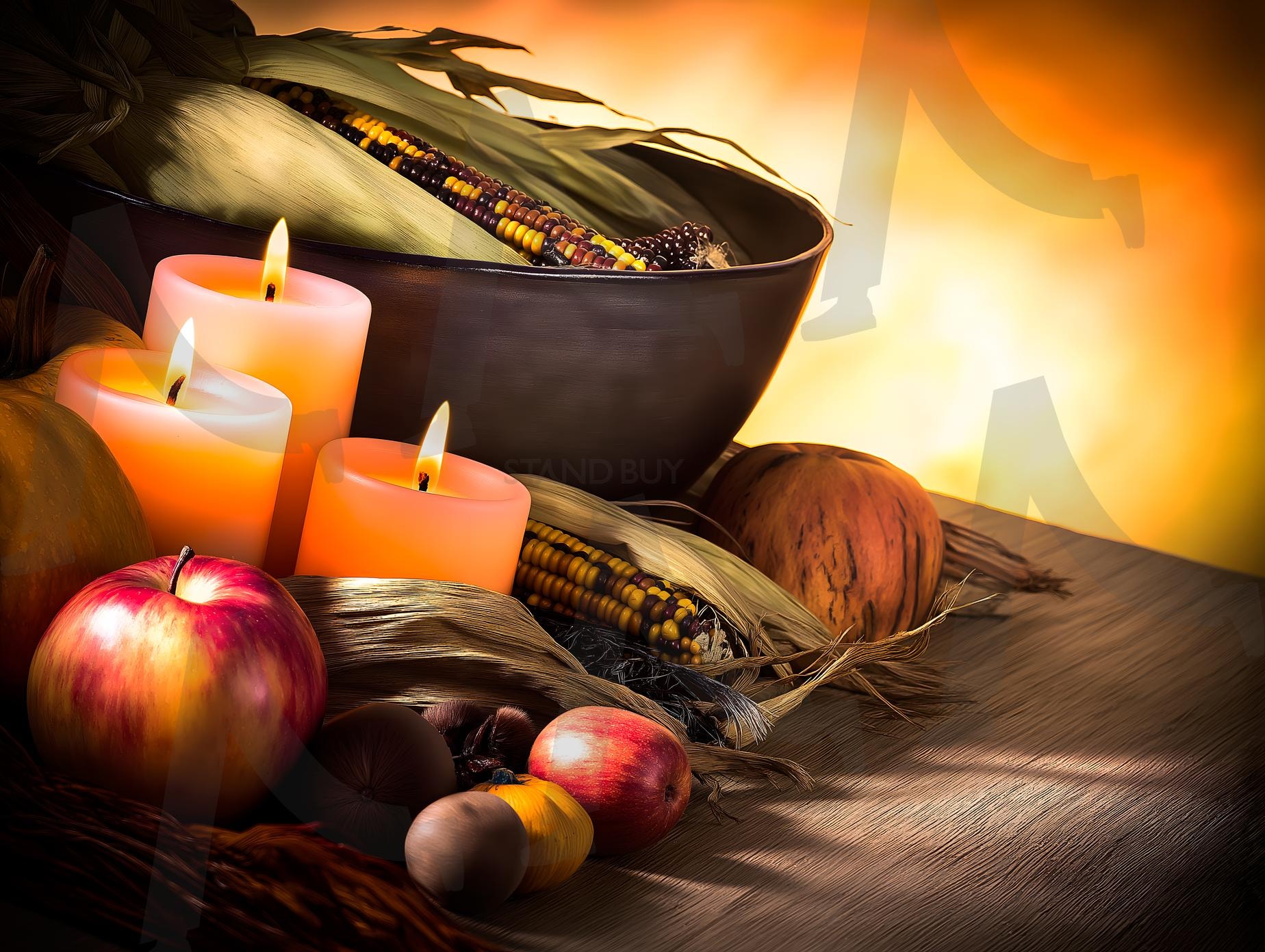추수감사절 센터피스: 소박한 테이블 위의 촛불, 옥수수, 호박, 도토리, 사과 | 추수감사절, 음식, 가을, 기념일, 축제, 장식, 캔들, 양초, 과일, 곡식, 추수, 소박한, ai | 스탠바이 STANDBUY 디지털 콘텐츠