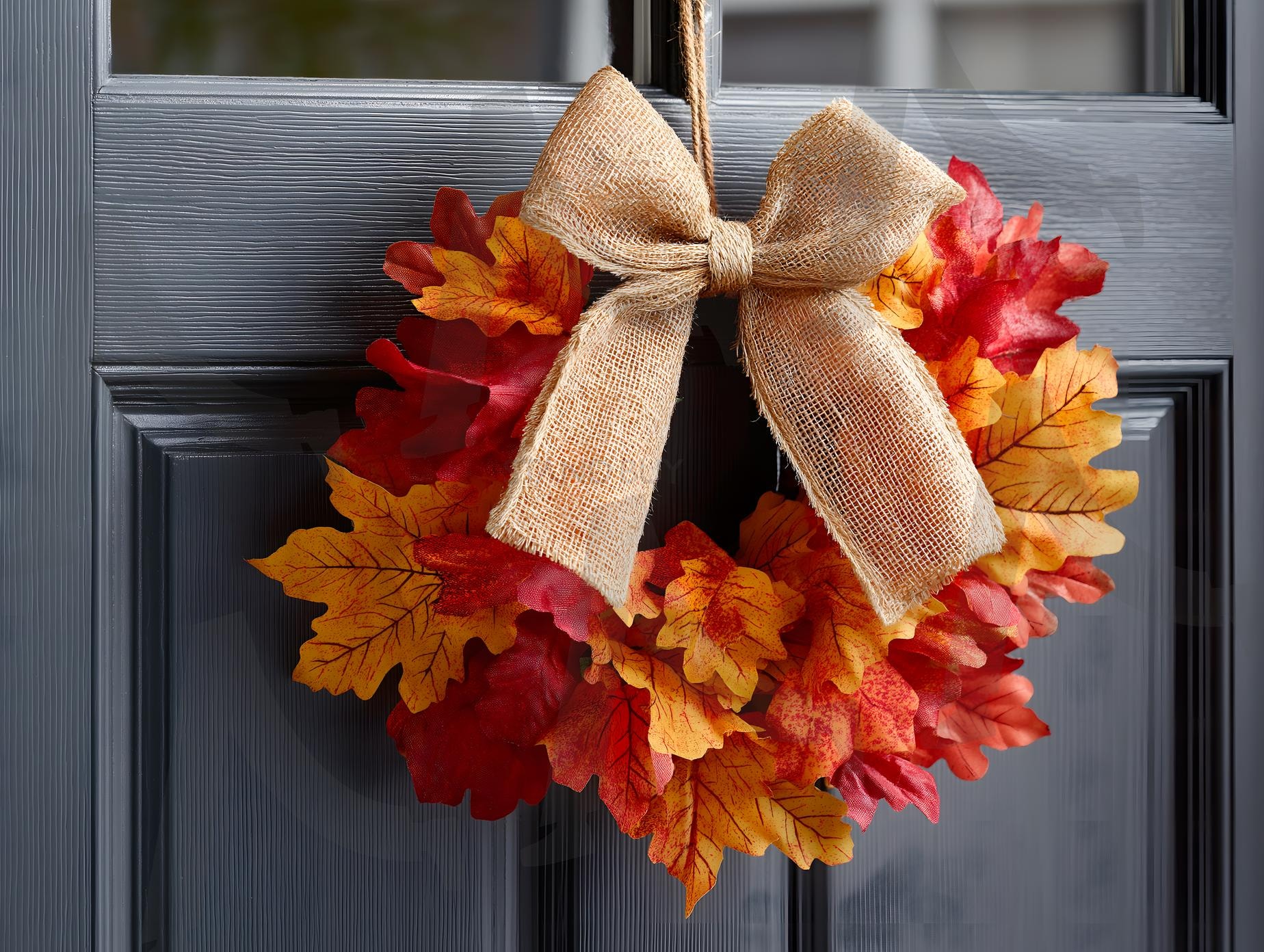 햇살 가득한 현관문에 걸린 삼베 리본으로 장식된 가을 단풍 화환 | 추수감사절, 장식, 기념일, 축제, 화환, 가을, 단풍잎, 현관, ai | 스탠바이 STANDBUY 디지털 콘텐츠