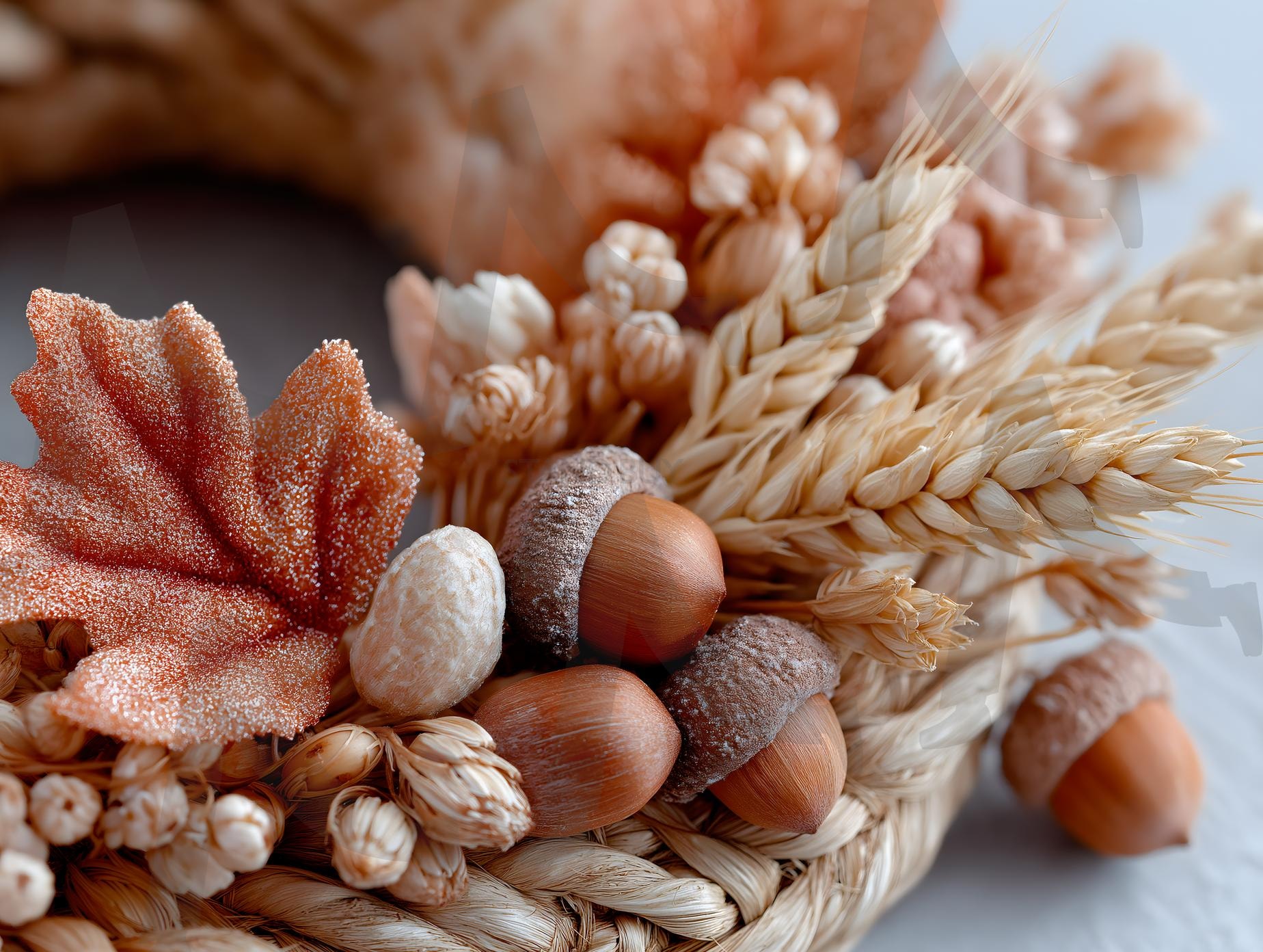 상업용 클로즈업: 나무 문에 걸린 도토리와 밀 단풍나무 화환 | 추수감사절, 장식, 기념일, 가을, 화환, 단풍잎, 클로즈업, 축제, 계절, ai | 스탠바이 STANDBUY 디지털 콘텐츠