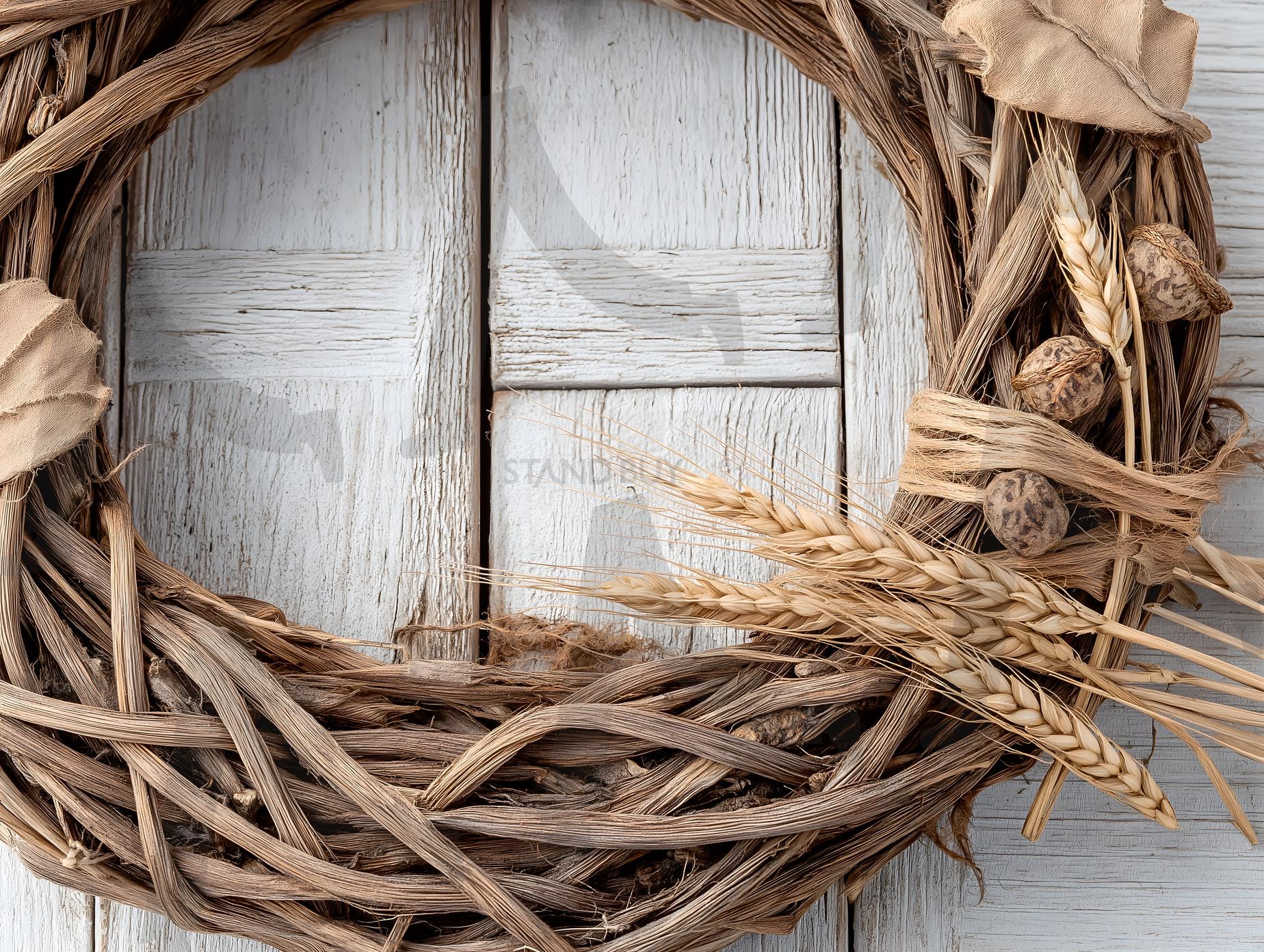 나무 문에 걸린 도토리와 밀 단풍나무 화환 | 추수감사절, 장식, 기념일, 가을, 화환, 단풍잎, 축제, 행사, 현관, ai | 스탠바이 STANDBUY 디지털 콘텐츠
