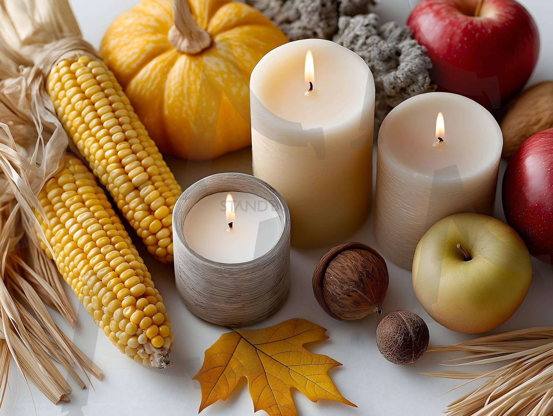 추수감사절 플랫레이: 흰색 배경의 조롱박, 옥수수, 캔들, 도토리, 사과 | 추수감사절, 음식, 기념일, 가을, 플랫레이, 캔들, 과일, 채소, 장식, 축제, 계절, ai | 스탠바이 STANDBUY 디지털 콘텐츠