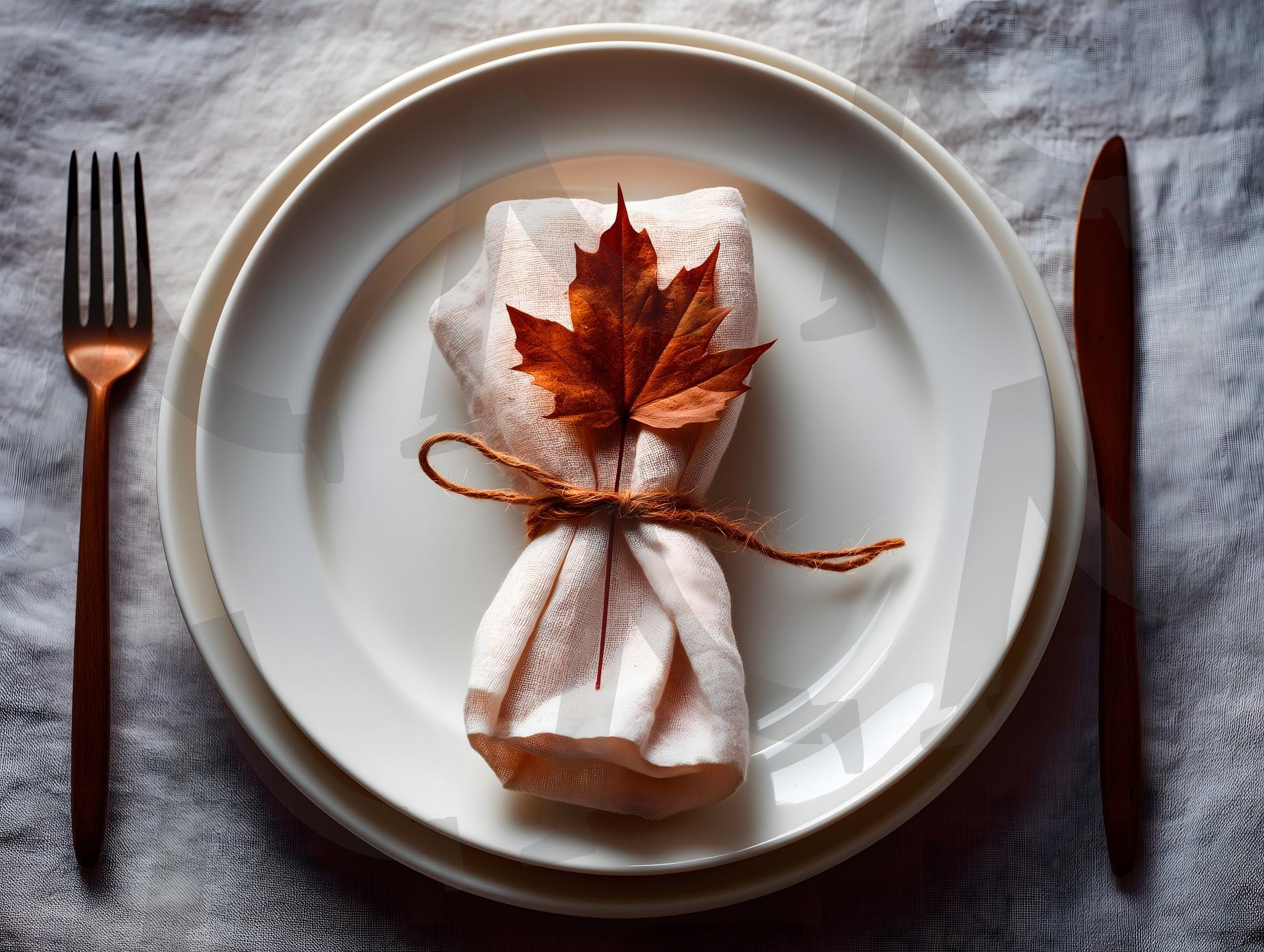 미니멀리스트 추수감사절 테이블: 흰색 접시, 리넨 냅킨, 리본, 단풍잎 | 추수감사절, 음식, 기념일, 가을, 테이블, 접시, 단풍잎, 깔끔한, 도자기, 다이닝, 배경, 세팅, 축하, ai | 스탠바이 STANDBUY 디지털 콘텐츠