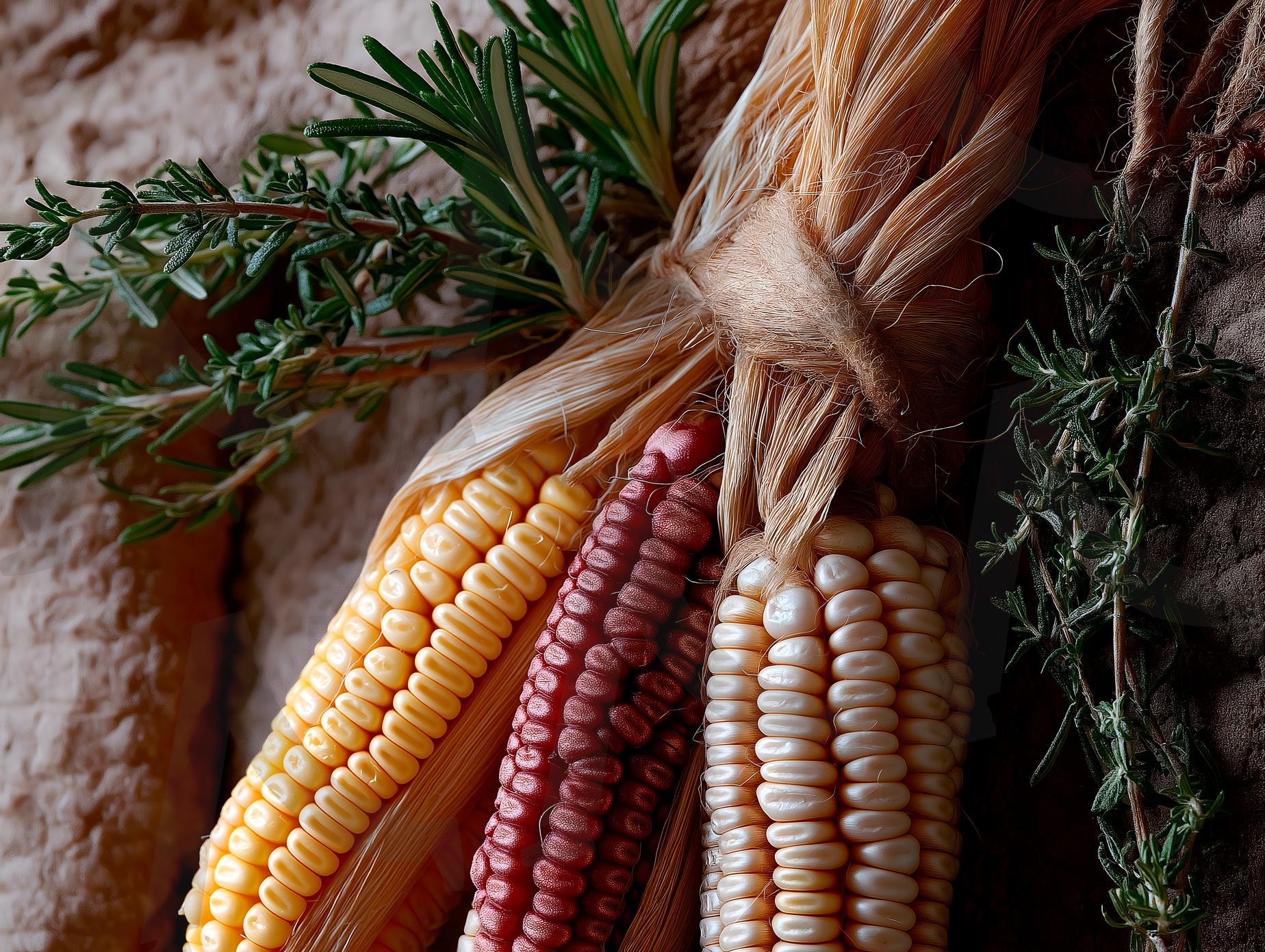 소박한 옥수수 다발과 매달린 허브, 따뜻한 농가 수확 장식 | 추수감사절, 음식, 장식, 건조, 기념일, 가을, 옥수수, 허브, 로즈마리, 계절, 축제, 수확, 농작물, ai | 스탠바이 STANDBUY 디지털 콘텐츠