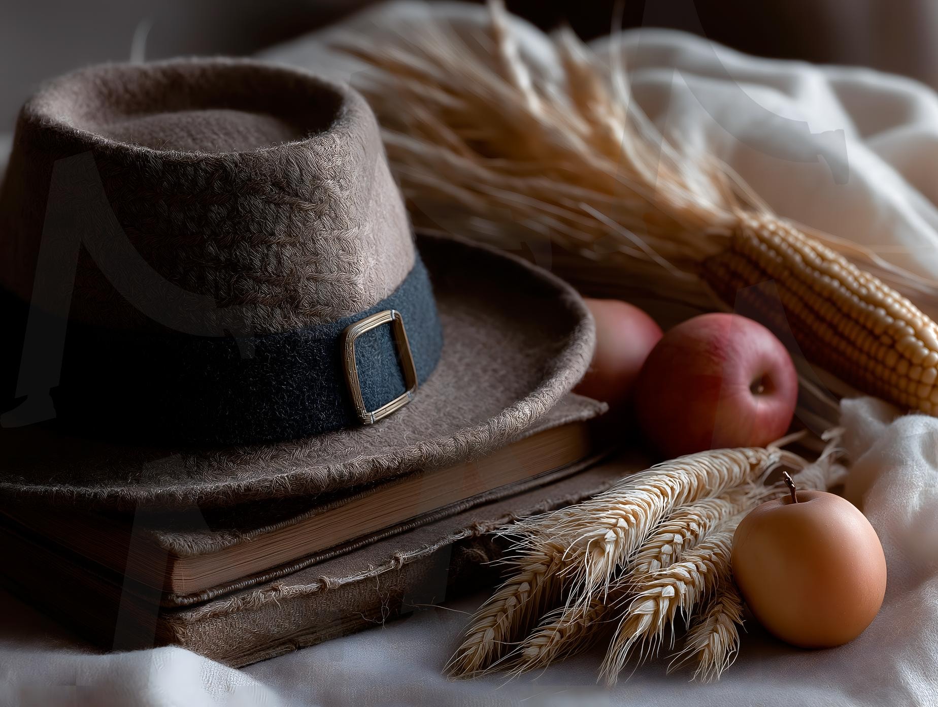 추수감사절을 위한 라탄 모자, 말린 옥수수, 사과가 있는 소박한 추수감사절 풍경 | 추수감사절, 음식, 장식, 기념일, 라탄 모자, 가을, 빈티지, 농작물, 수확, 축제, ai | 스탠바이 STANDBUY 디지털 콘텐츠