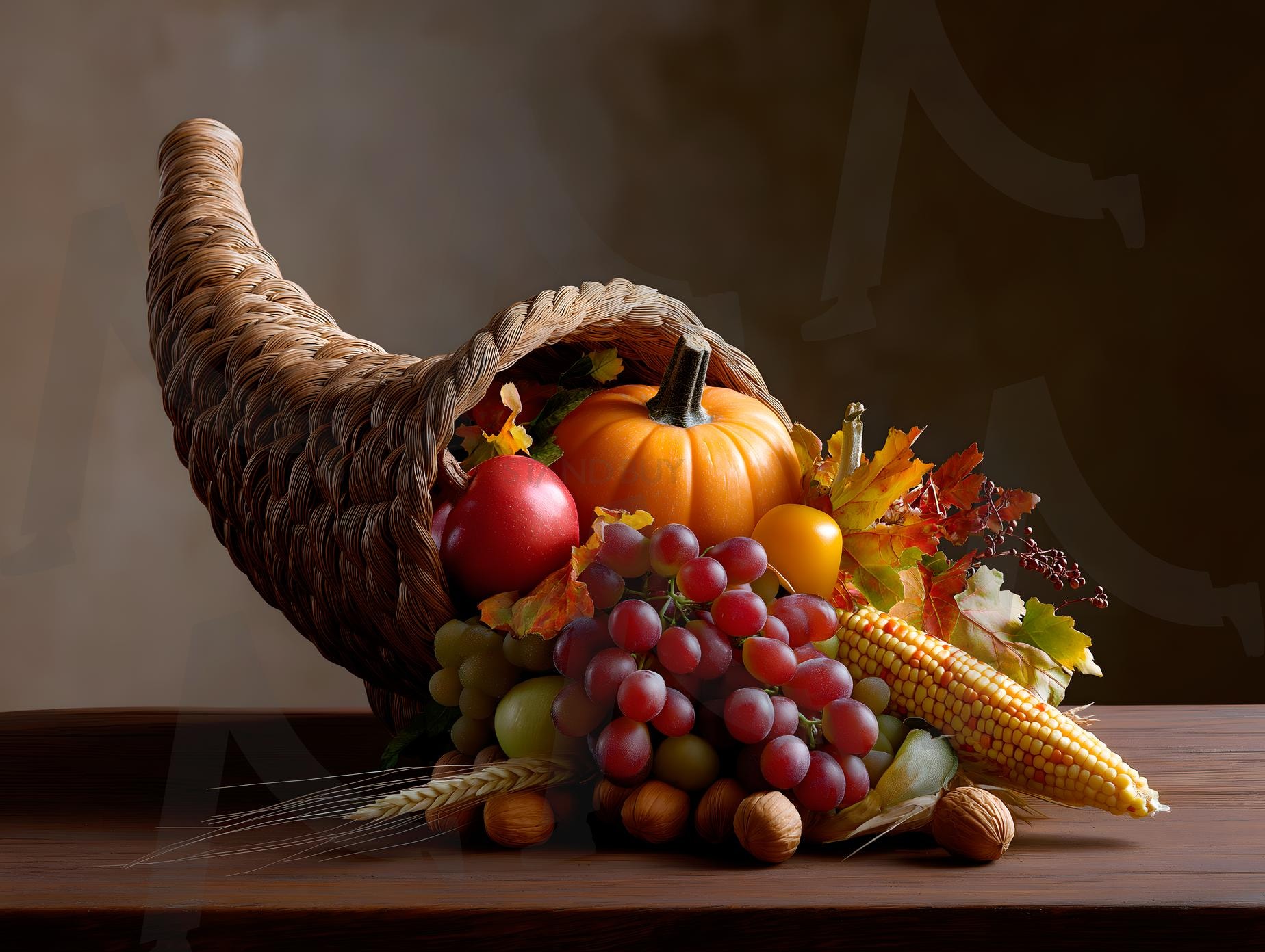 따뜻한 가을 햇살 아래 신선한 과일, 채소, 견과류가 가득한 풍요의 뿔 | 추수감사절, 풍요의 뿔, 음식, 장식, 기념일, 가을, 바구니, 수확, 농작물, 축제, 전통, ai | 스탠바이 STANDBUY 디지털 콘텐츠