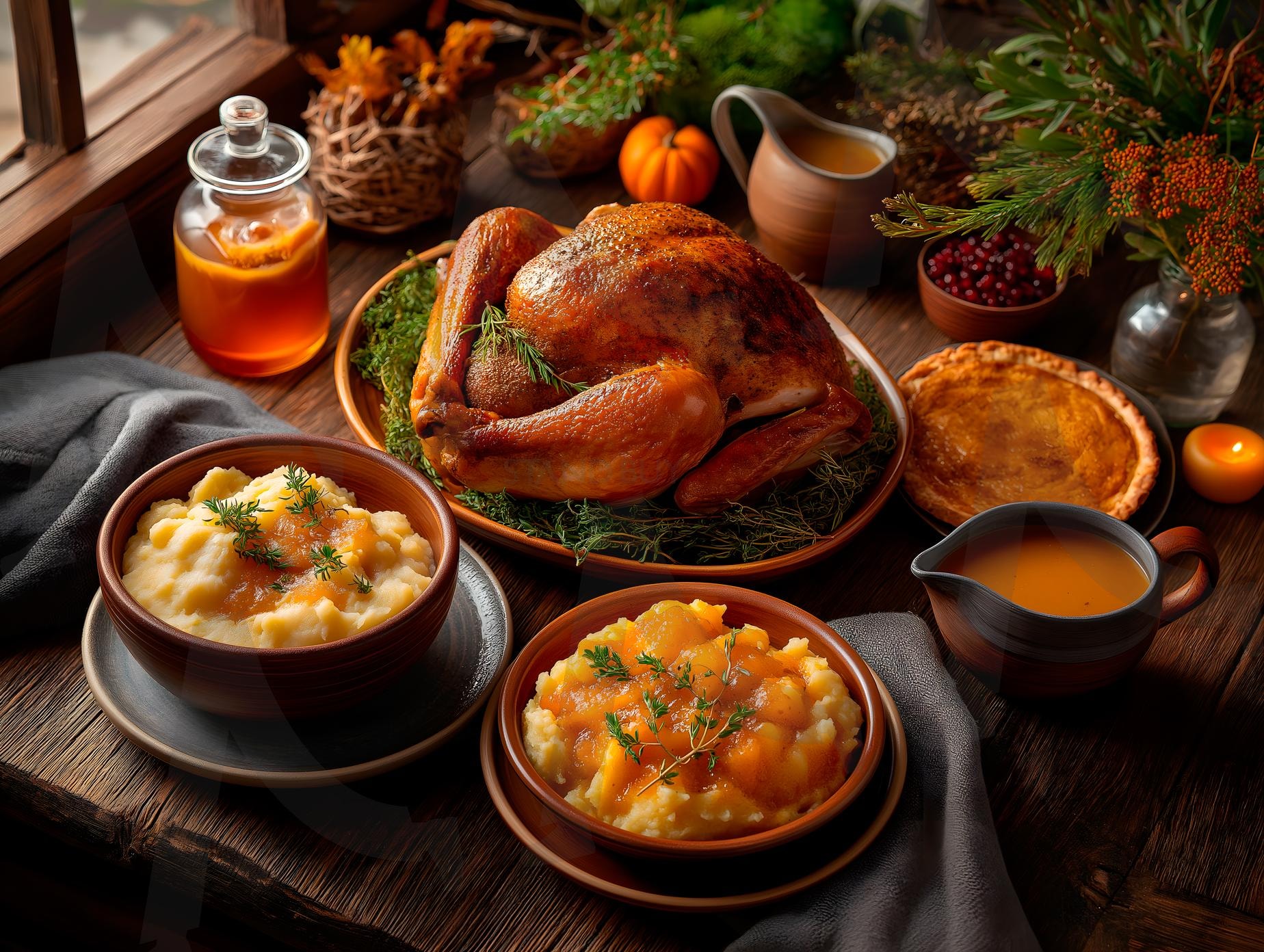 오버헤드 뷰: 칠면조, 사이드 메뉴, 호박 파이가 있는 소박한 추수감사절 테이블 | 추수감사절, 음식, 기념일, 가을, 테이블, 준비된, 식사, 가족, 계절, 축제, 만찬, ai | 스탠바이 STANDBUY 디지털 콘텐츠