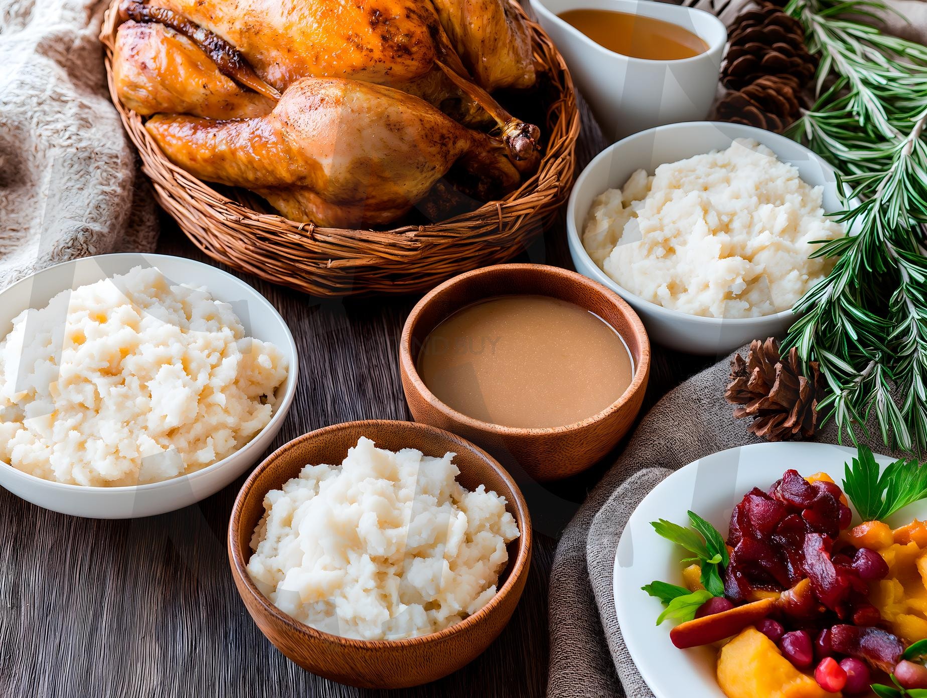 오버헤드 뷰: 칠면조, 사이드 메뉴, 호박 파이가 있는 소박한 추수감사절 테이블 | 추수감사절, 음식, 기념일, 가을, 테이블, 칠면조, 감자, 식사, 식탁, 가족, ai | 스탠바이 STANDBUY 디지털 콘텐츠