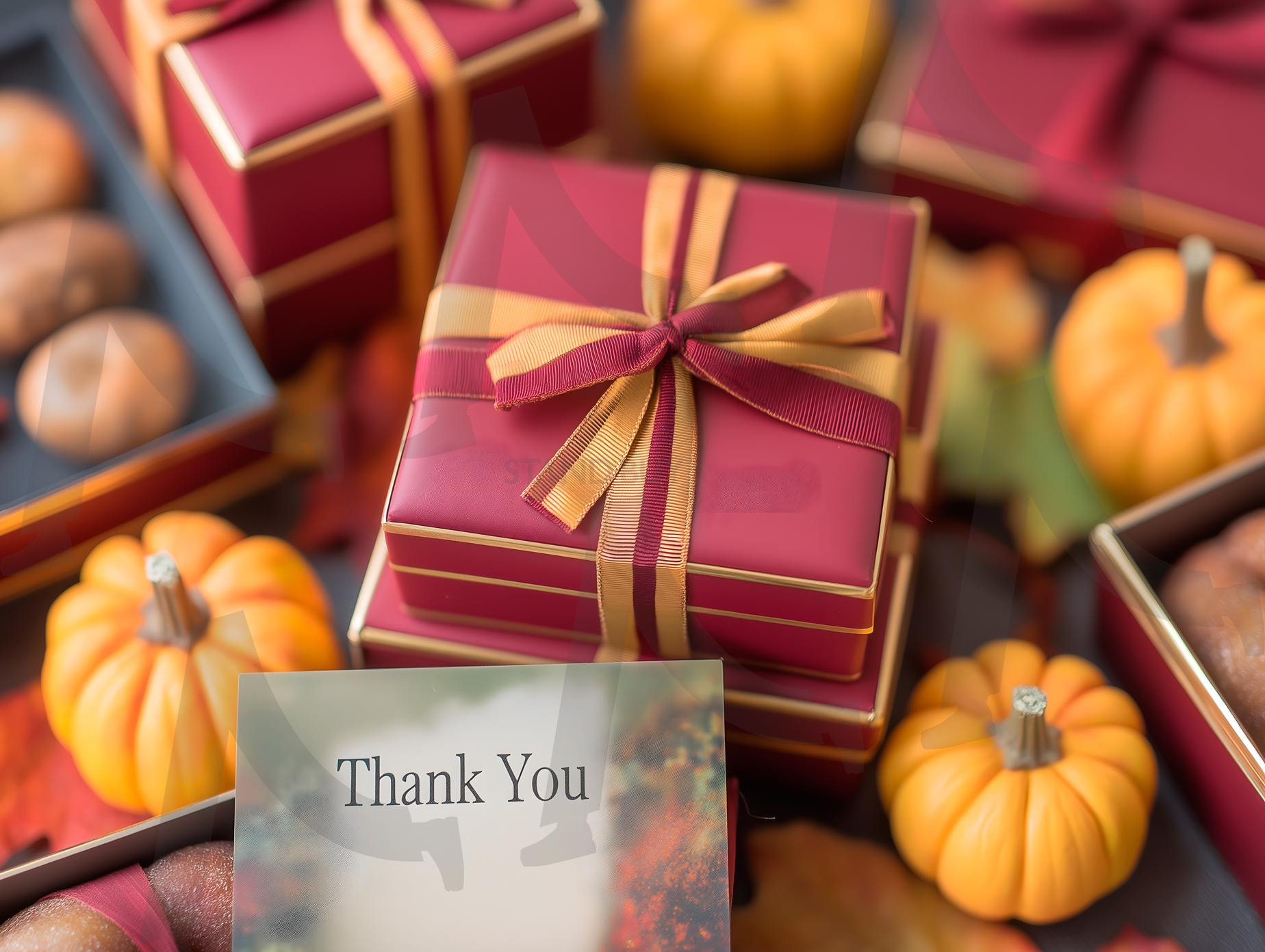 빨간색과 금색 리본으로 묶인 고급 선물 상자와 감사 카드, 가을 장식 | 추수감사절, 카드, 감사, 감사 카드, 기념일, 가을, 인사, 선물, 포장, 고급, 축제, 표현, ai | 스탠바이 STANDBUY 디지털 콘텐츠