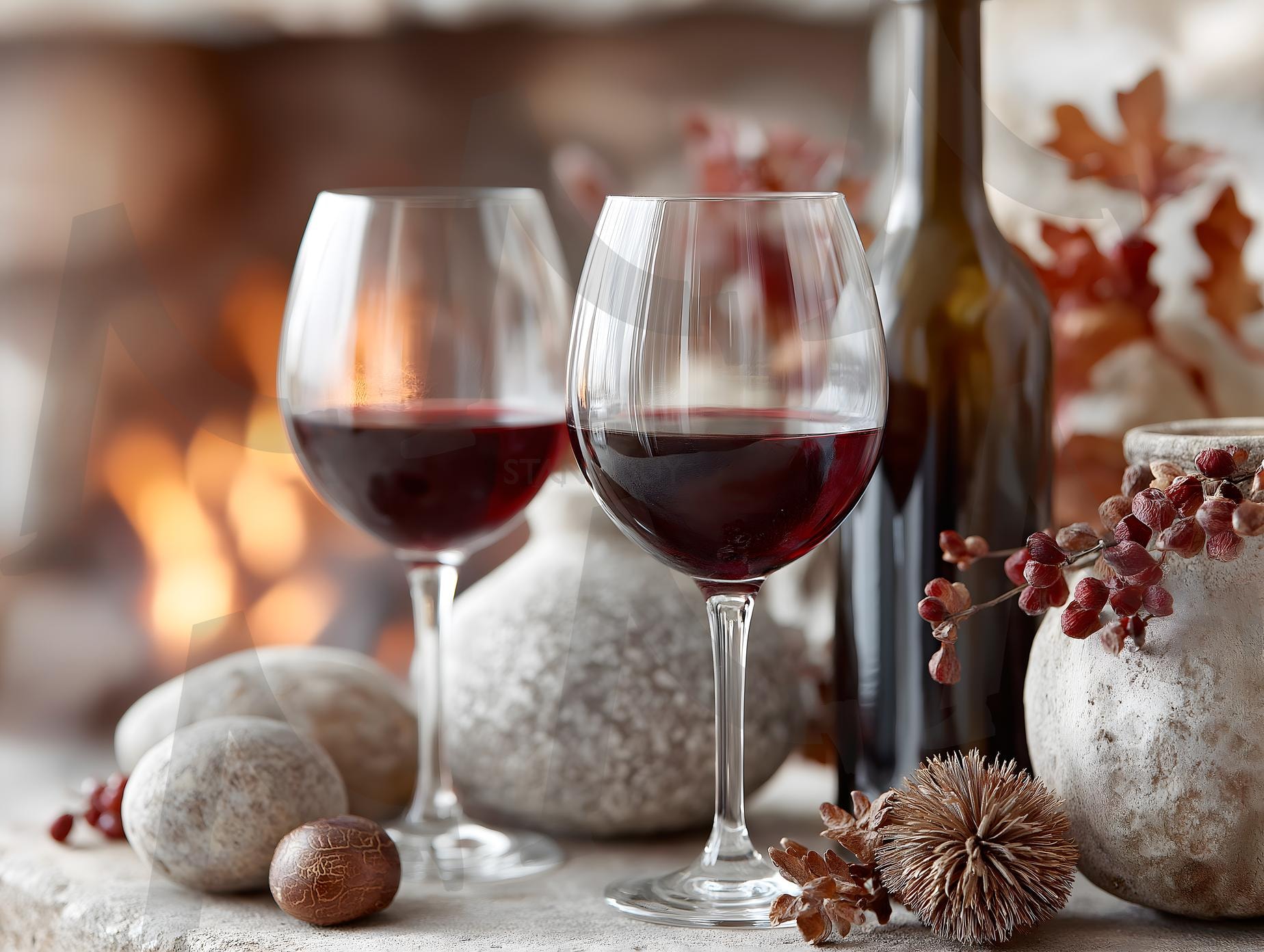 석조 벽난로 옆 레드 와인과 가을 장식 클로즈업, 소박한 라이프스타일 사진 | 추수감사절, 음식, 음료, 주류, 술, 와인, 기념일, 가을, 아늑한, 분위기, ai | 스탠바이 STANDBUY 디지털 콘텐츠