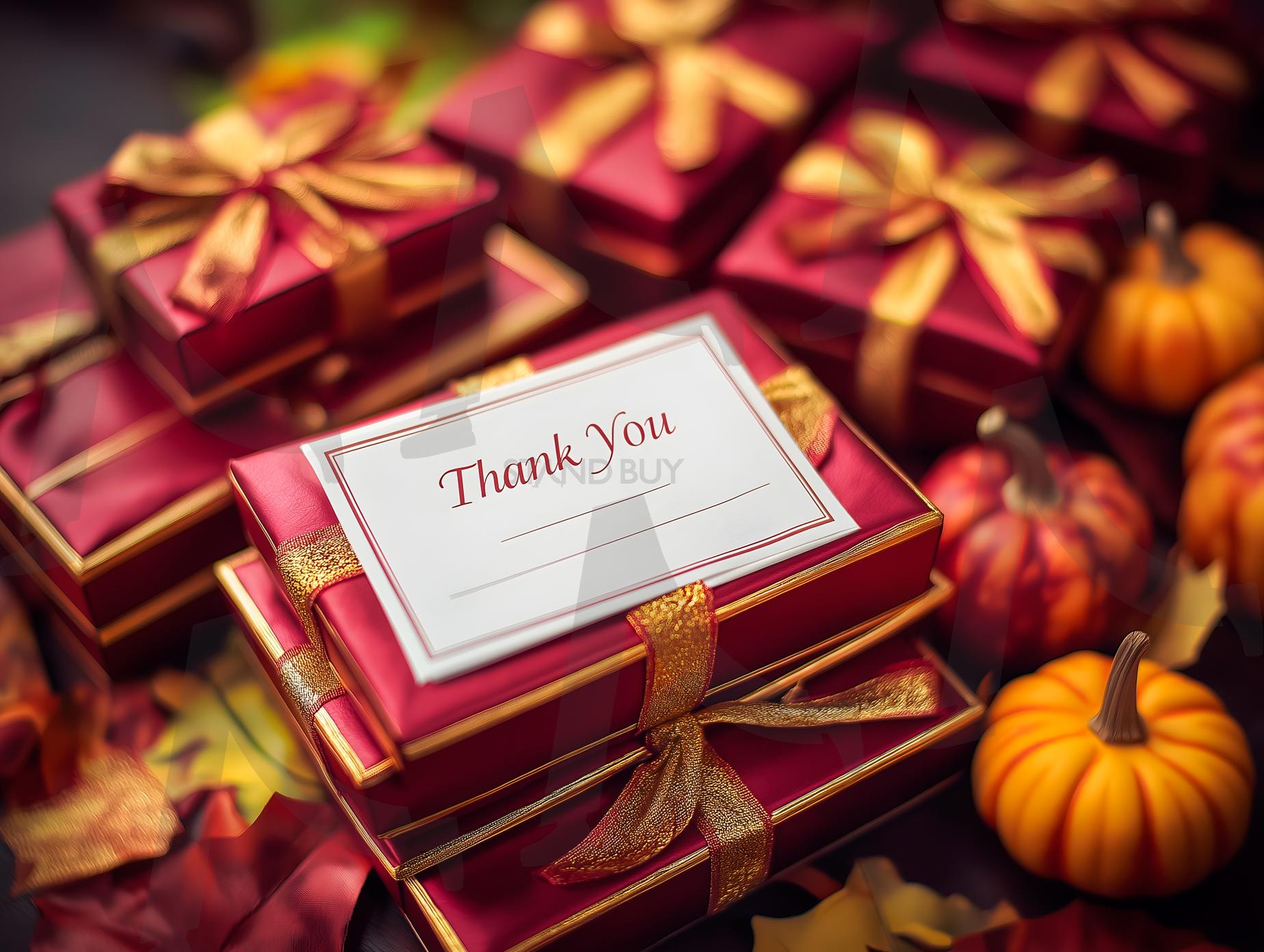 빨간색과 금색 리본으로 묶인 고급 선물 상자와 감사 카드, 가을 장식 | 추수감사절, 카드, 감사, 기념일, 가을, 선물 상자, 리본, 선물, 감사카드, 축하, 인사, ai | 스탠바이 STANDBUY 디지털 콘텐츠