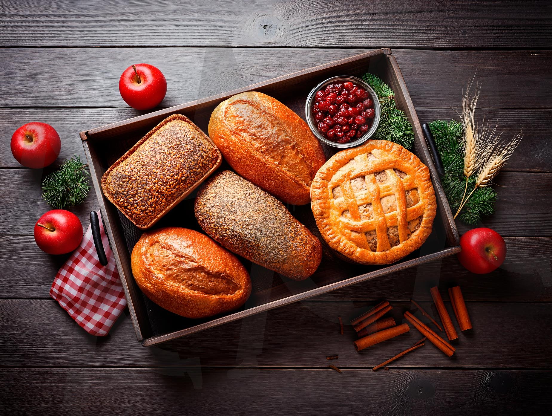 가을 향신료를 곁들인 신선한 빵과 사과 파이가 담긴 소박한 쟁반, 아늑한 수확의 기분 | 추수감사절, 음식, 기념일, 가을, 빵, 베이킹, 디저트, 애플파이, 소박한, 간식, ai | 스탠바이 STANDBUY 디지털 콘텐츠