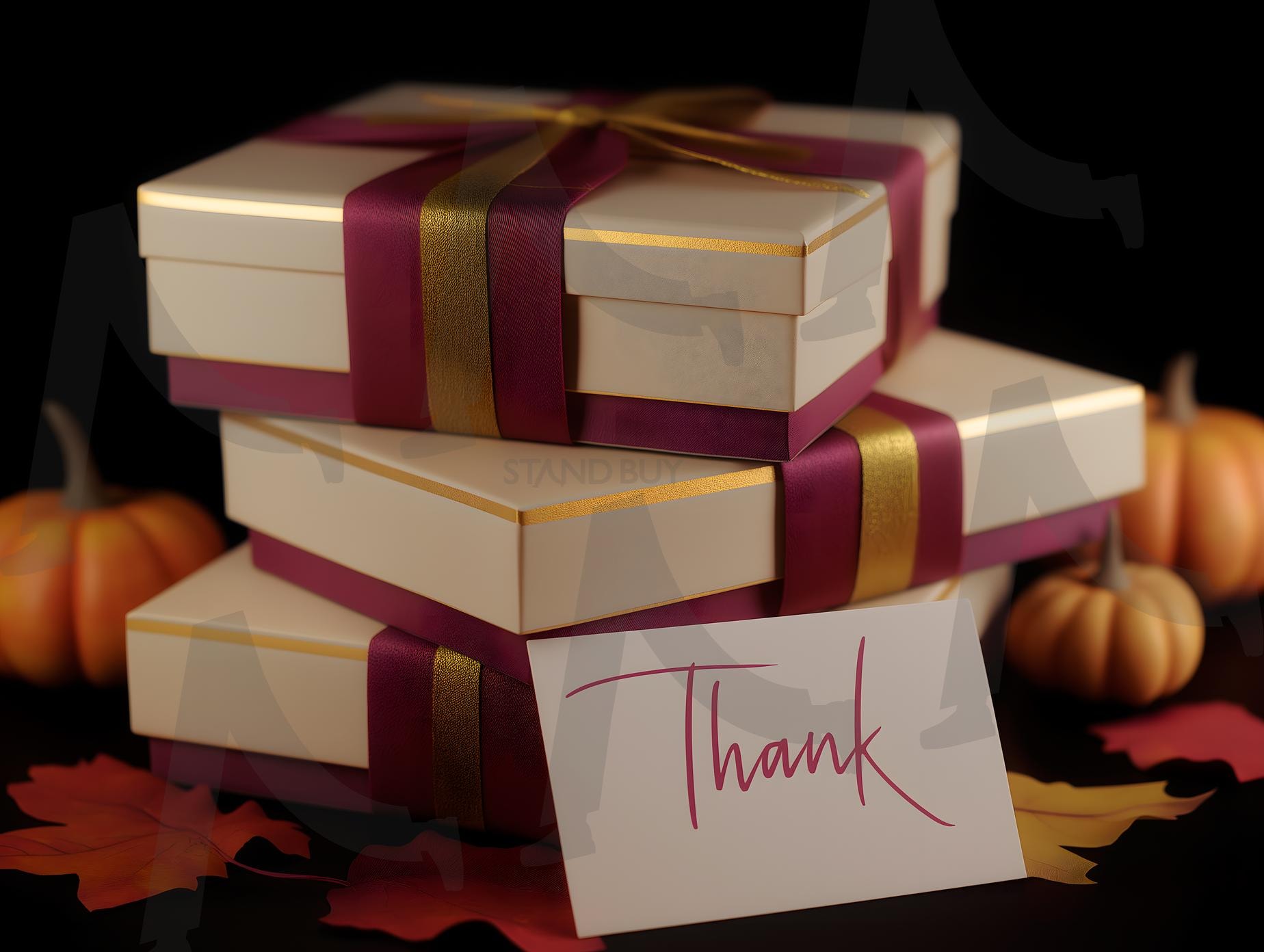 빨간색과 금색 리본으로 묶인 고급 선물 상자와 감사 카드, 가을 장식 | 추수감사절, 카드, 감사, 감사카드, 기념일, 가을, 인사, 표현, 선물, 포장, ai | 스탠바이 STANDBUY 디지털 콘텐츠
