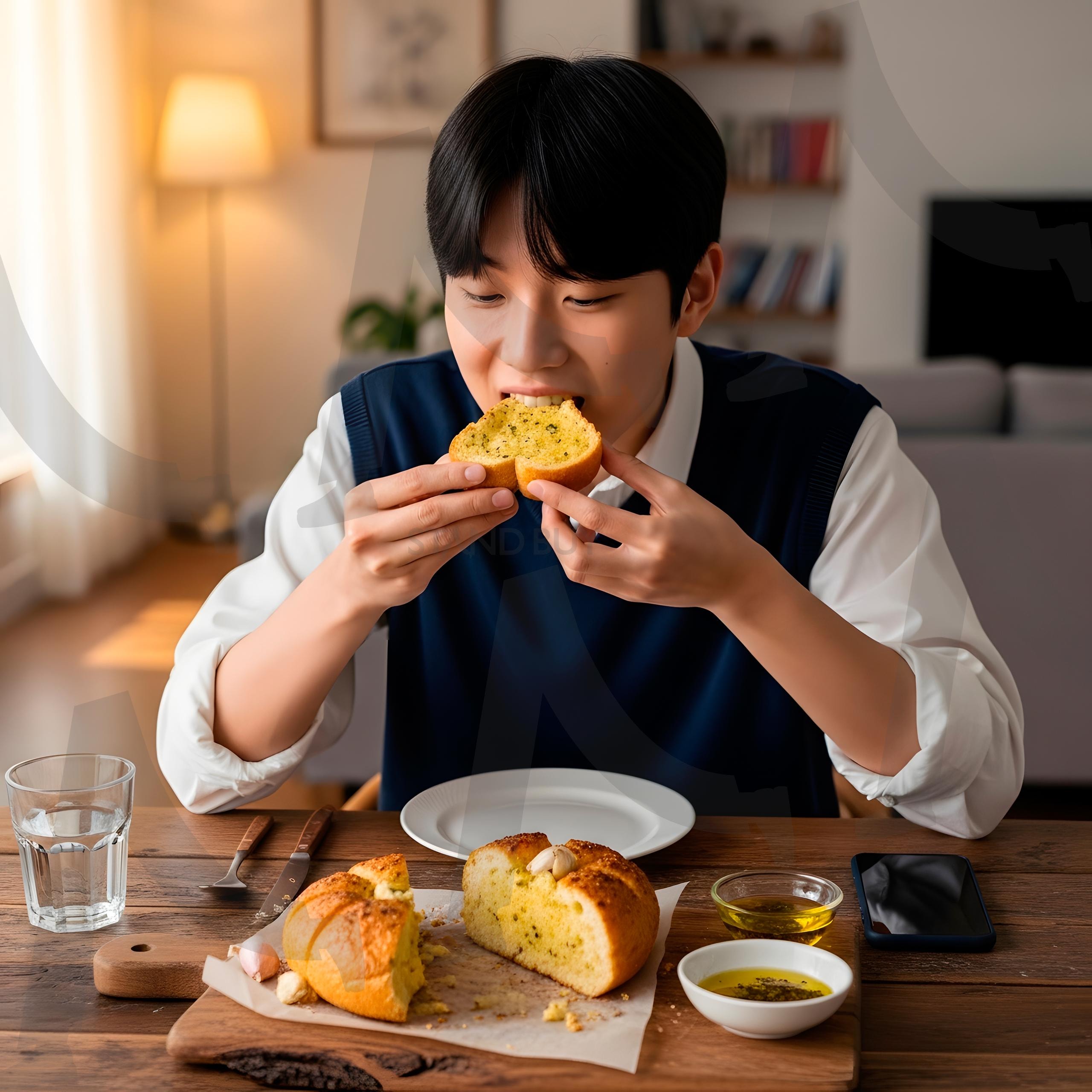 마늘 소스를 곁들인 바게트를 먹는 사람 | 마늘, 음식, 식사, 건강, 사람, 간식, 요리, 바게트, 빵, 아침 식사, 풍미, ai | 스탠바이 STANDBUY 디지털 콘텐츠