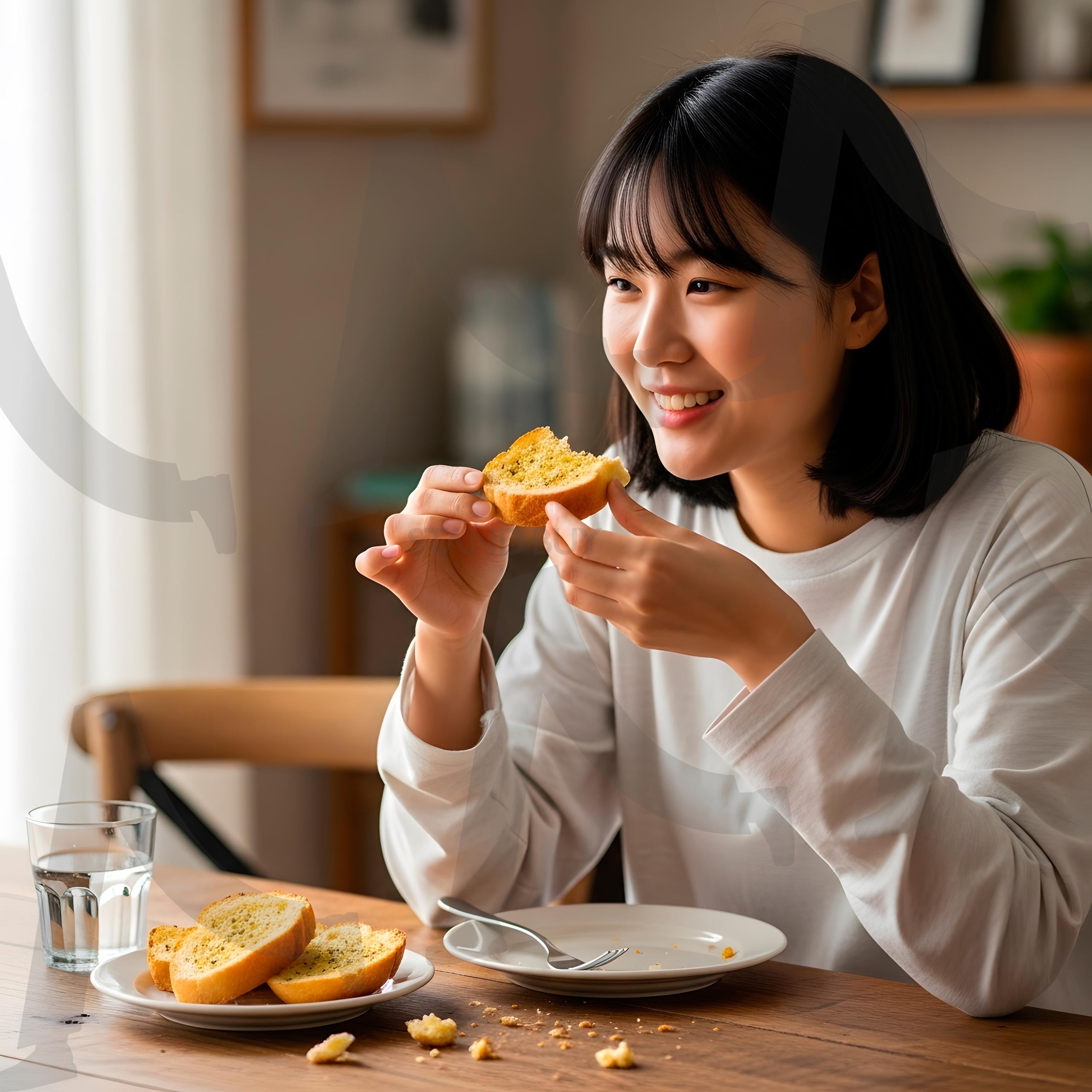 마늘 소스를 곁들인 바게트를 먹는 사람 | 마늘, 음식, 여성, 사람, 학생, 아침 식사, 건강, 요리, 바게트, 빵, 풍미, 간식, ai | 스탠바이 STANDBUY 디지털 콘텐츠