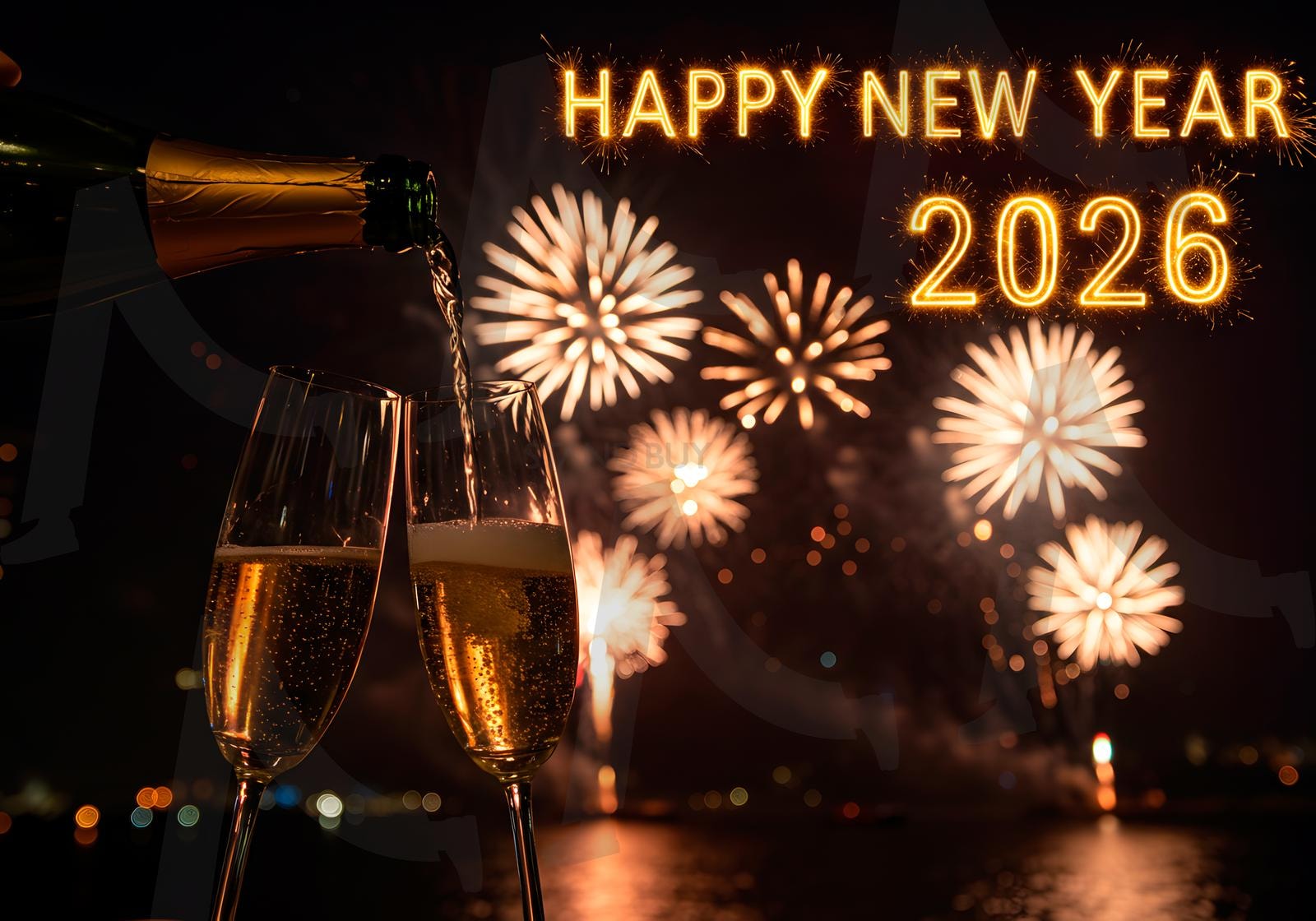 폭죽과 새해 복 많이 받으세요 2026을 배경으로 스파클링 와인을 따르는 클로즈업 | 새해, 2026, 음료, 샴페인, 와인, 음식, 축제, 불꽃놀이, 축하, ai | 스탠바이 STANDBUY 디지털 콘텐츠