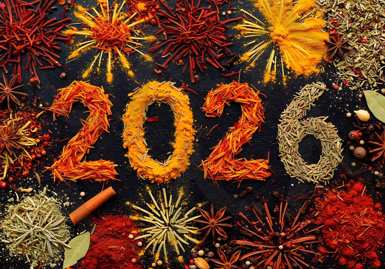 2026년을 상징하는 불꽃놀이처럼 배열된 다채로운 향신료의 추상적인 탑뷰 | 새해, 2026, 음식, 향신료, 허브, 조미료, ai | 스탠바이 STANDBUY 디지털 콘텐츠