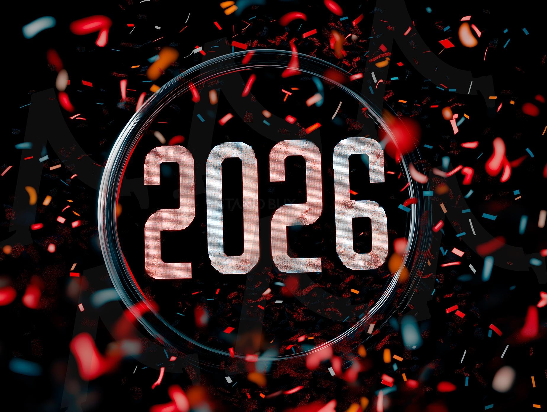 색종이 조각과 반짝이는 카운트다운 시계로 2026년 새해를 축하하세요. | 2026, 새해, 색종이 조각, 밤, 디지털, 카운트다운, 축하, ai | 스탠바이 STANDBUY 디지털 콘텐츠