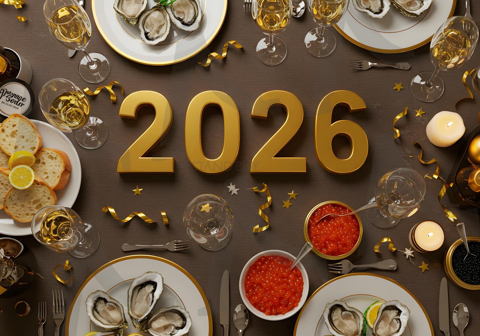 샴페인, 굴, 캐비어로 우아하게 장식된 2026년 황금빛 새해 만찬 테이블 | 새해, 연회, 2026, 음식, 식사, 축제, 글자, 샴페인, 고급, ai | 스탠바이 STANDBUY 디지털 콘텐츠