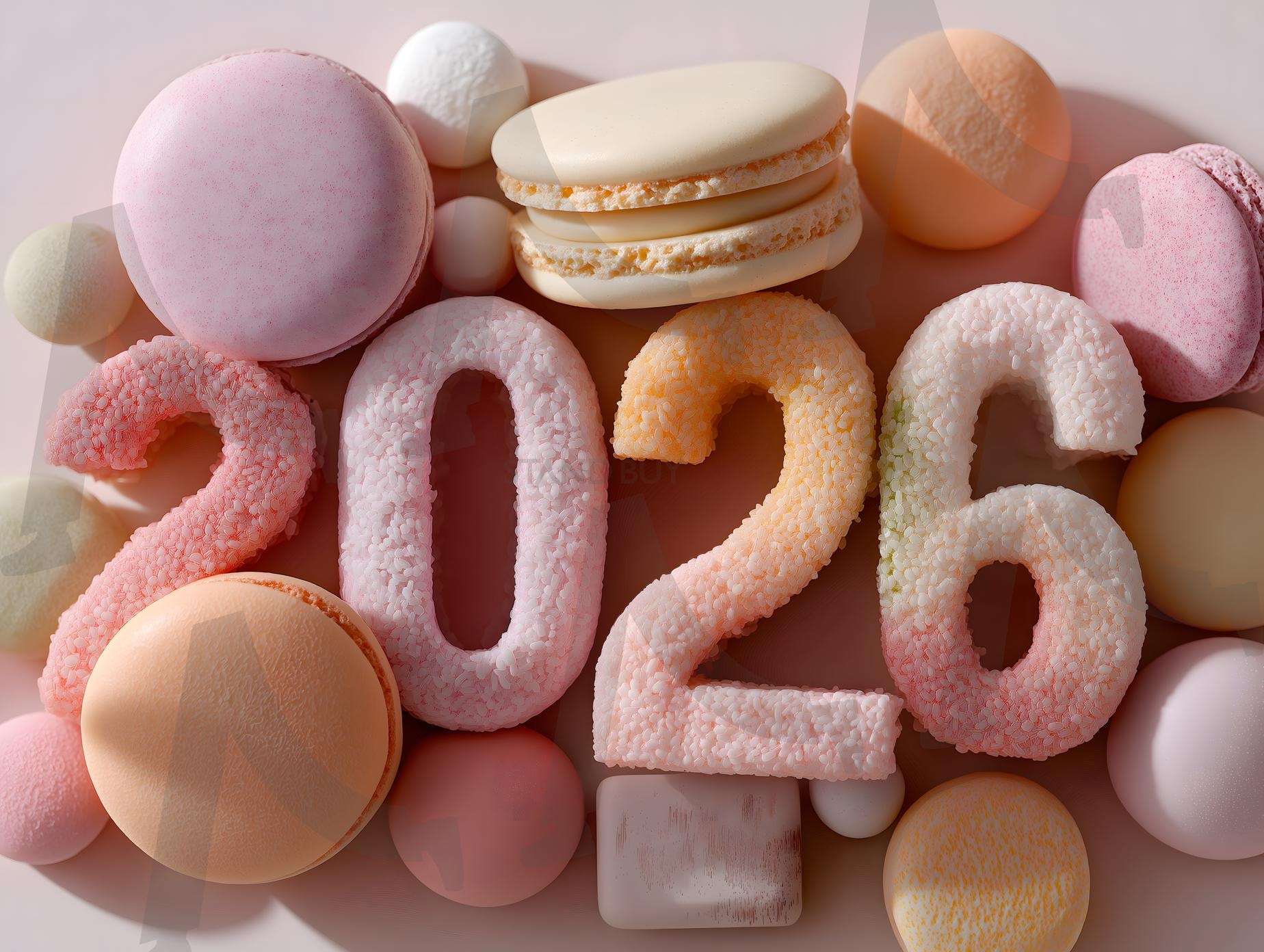 마카롱, 컵케이크, 초콜릿으로 구성된 파스텔톤의 예술적인 플랫레이 구성. 2026년을 상징하는 달콤하고 축제적인 분위기를 연출합니다. | 새해, 2026, 음식, 간식, 마카롱, 초코릿, 달콤한, 글자, 축제, 파티, ai | 스탠바이 STANDBUY 디지털 콘텐츠