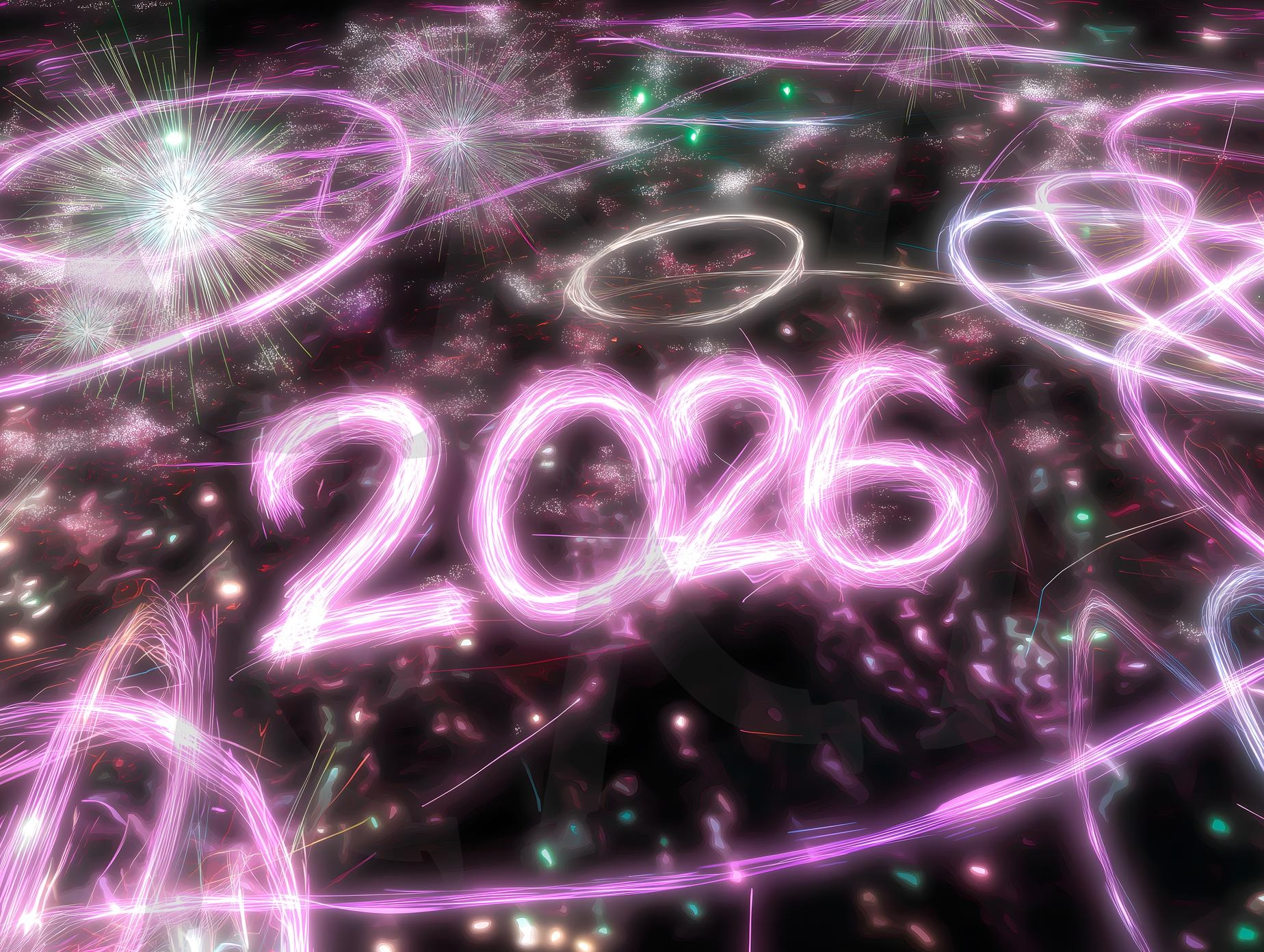 생동감 넘치는 네온 프랙탈이 2026년을 중심으로 소용돌이치며 추상적인 불꽃놀이 효과를 만들어냅니다 | 2026, 네온, 프랙탈, 추상, 우주, 디지털, 다채로운, 빛나는, ai | 스탠바이 STANDBUY 디지털 콘텐츠
