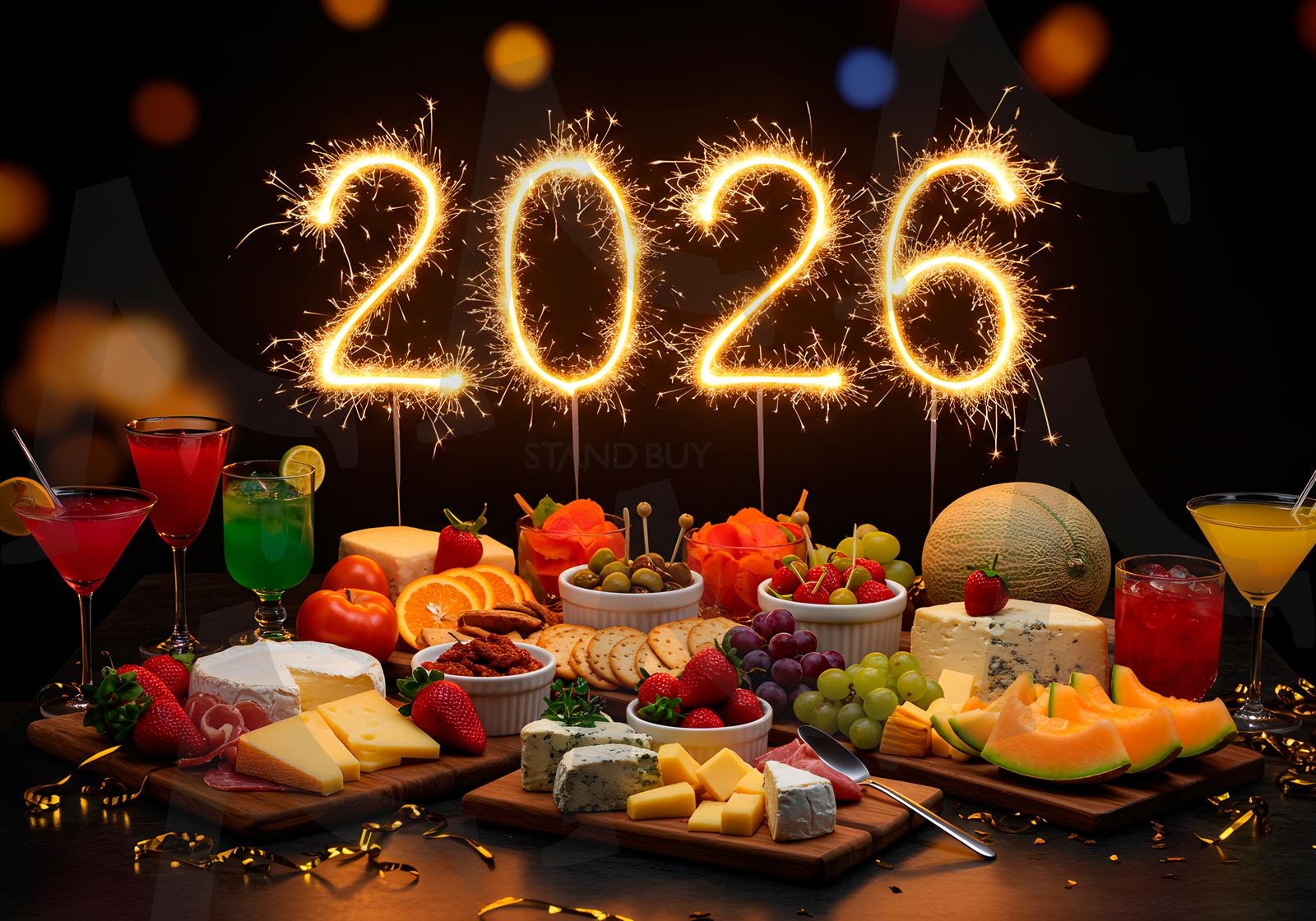 치즈, 과일, 칵테일을 스파클러 레터스 2026을 중심으로 장식한 파티 스낵 테이블 | 새해, 2026, 글자, 음식, 축제, 파티, 식사, 간식, 축하, ai | 스탠바이 STANDBUY 디지털 콘텐츠