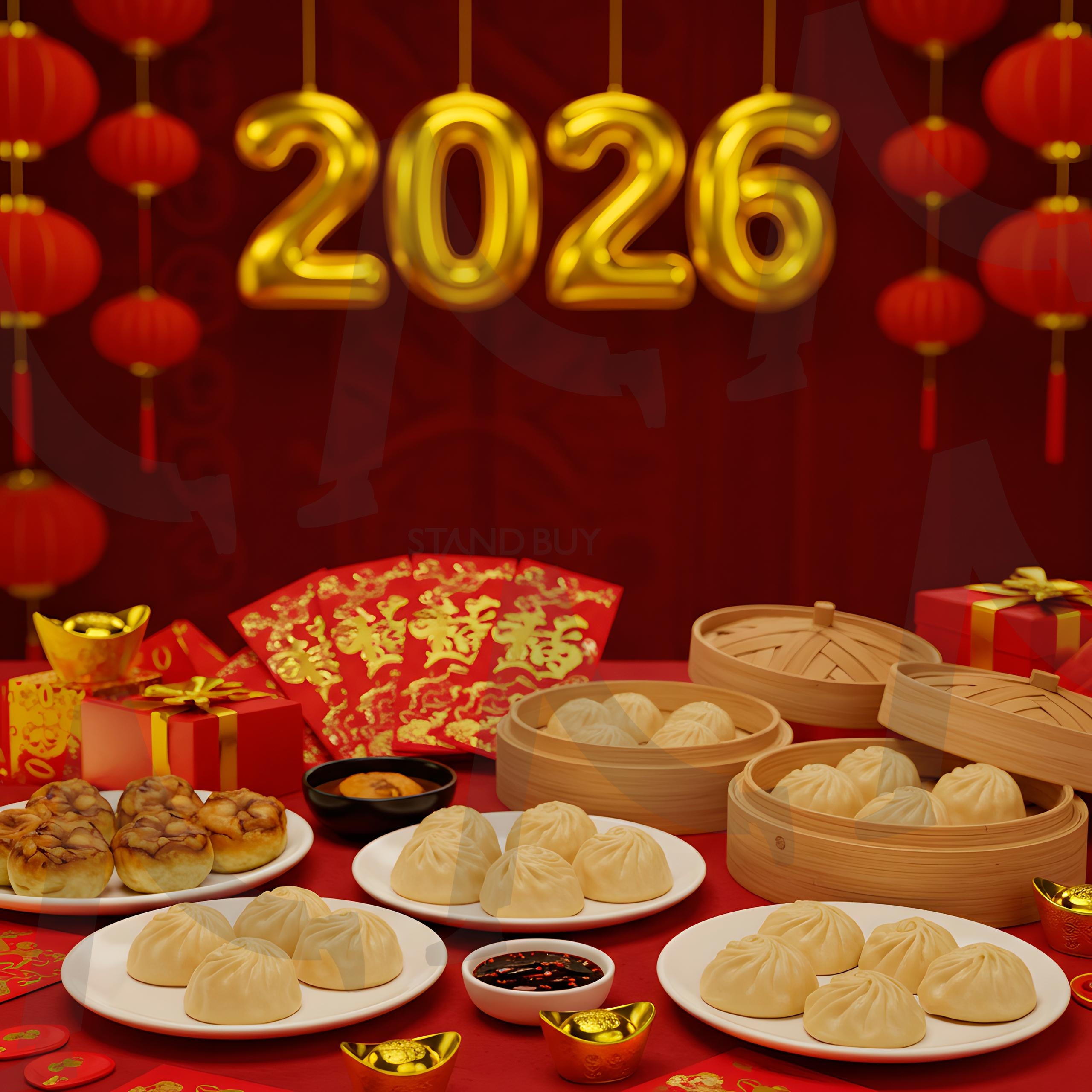 빨간 봉투와 황금빛 2026이 놓인 축제 테이블 위의 중국식 만두 | 새해, 2026, 중국, 음식, 설날, 만두, ai | 스탠바이 STANDBUY 디지털 콘텐츠