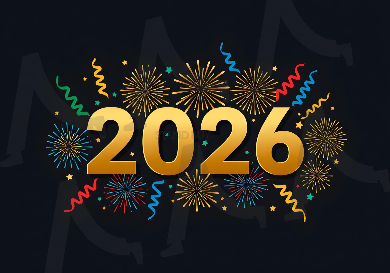 불꽃놀이, 리본, 별 장식의 황금빛 2026 플랫 벡터 디자인 | 2026, 새해, 불꽃놀이, 황금색, 벡터, 디자인, ai | 스탠바이 STANDBUY 디지털 콘텐츠