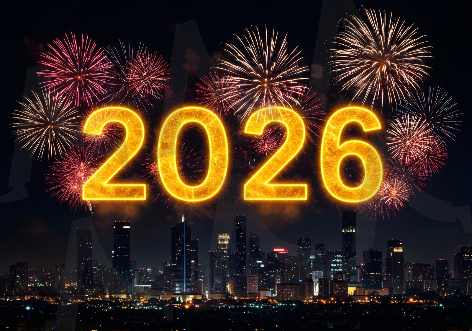 반짝이는 도시 스카이라인 위로 펼쳐지는 자정 불꽃놀이, 빌딩 위로 빛나는 황금빛 2026 | 새해, 2026, 불꽃놀이, 도시, 자정, 축하, ai | 스탠바이 STANDBUY 디지털 콘텐츠