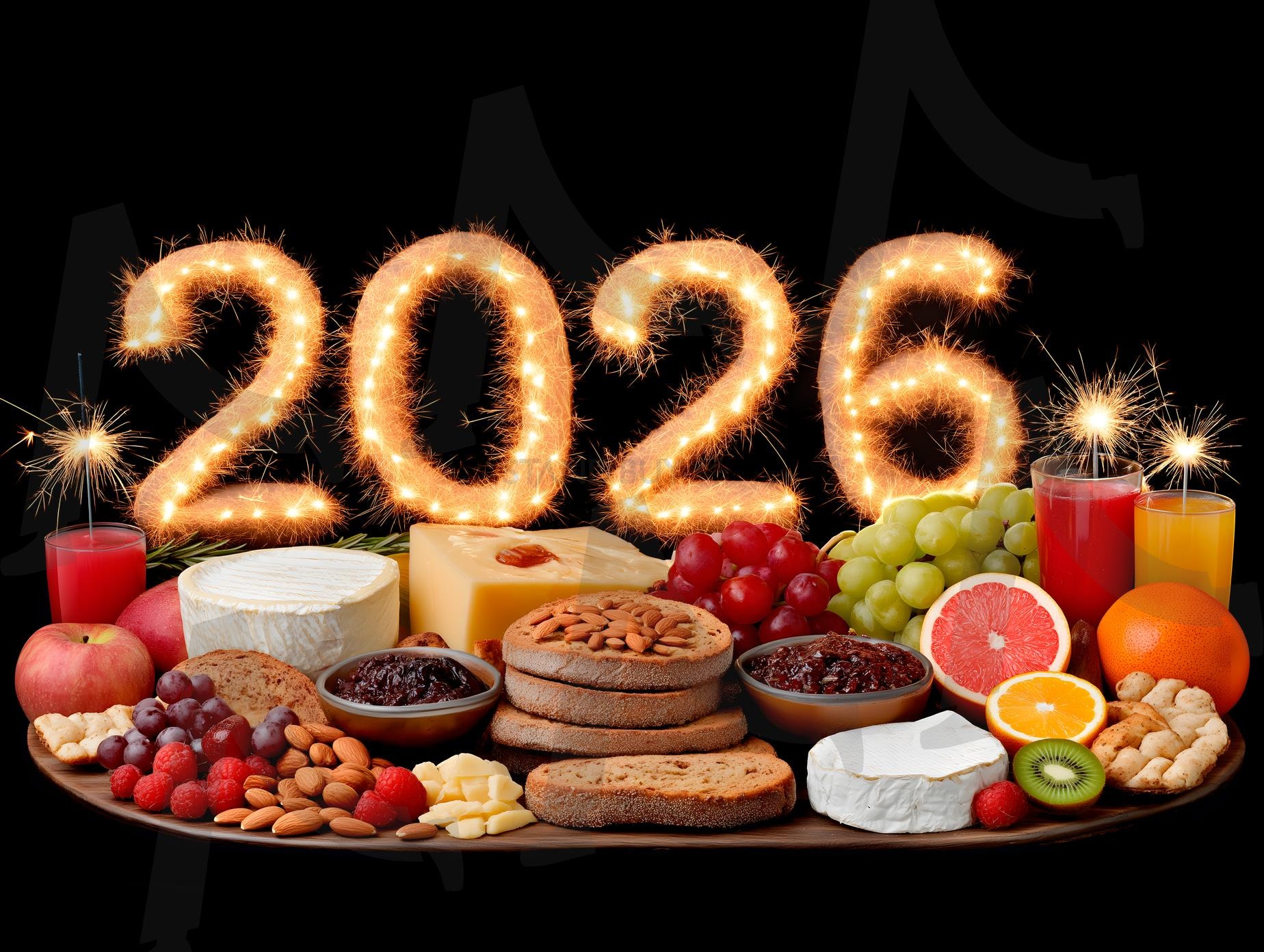 치즈, 과일, 칵테일을 스파클러 레터스 2026을 중심으로 장식한 파티 스낵 테이블 | 새해, 2026, 음식, 축제, 파티, 간식, 빛나는, ai | 스탠바이 STANDBUY 디지털 콘텐츠