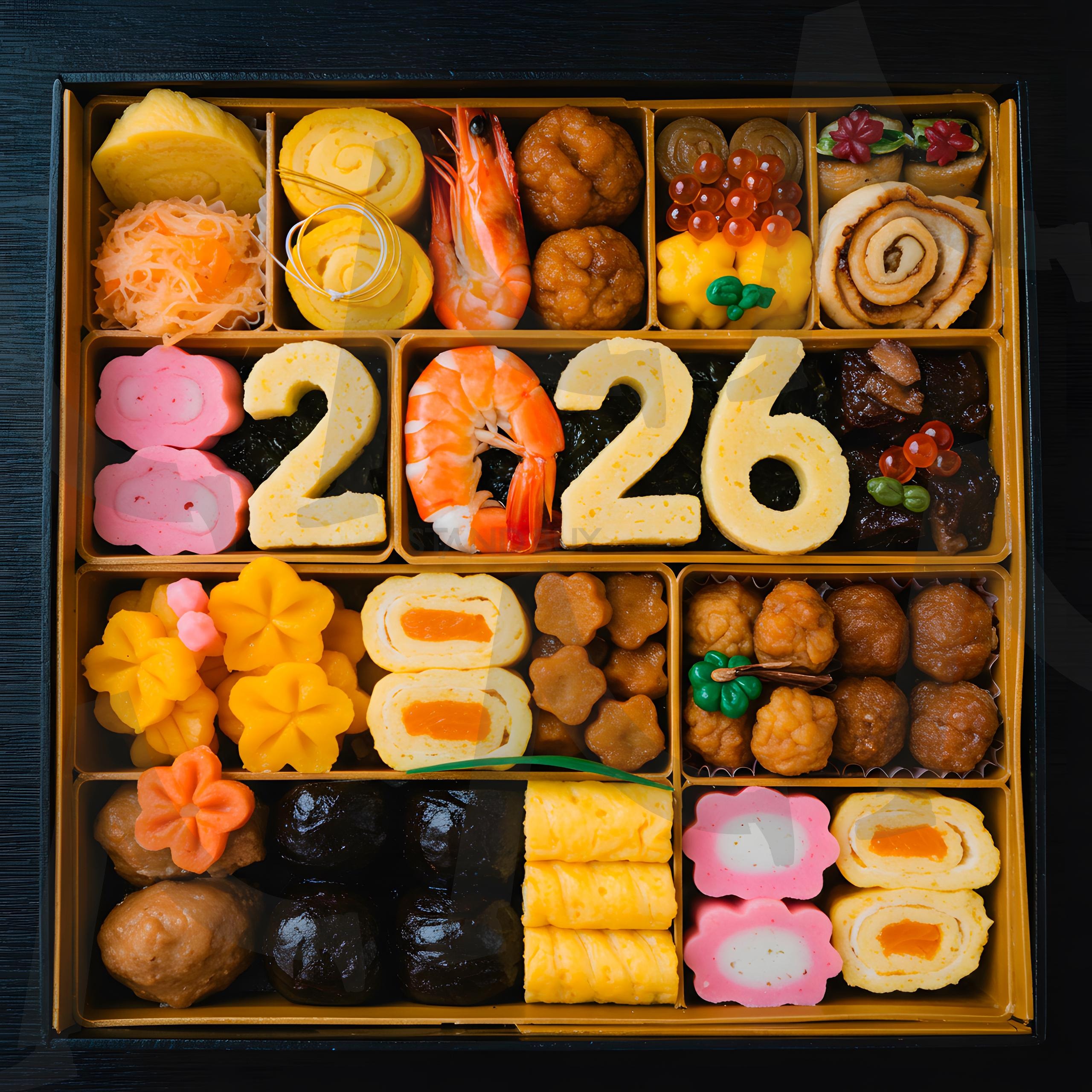 상징적인 음식과 새해 2026년을 장식한 일본 오세치 요리 도시락 | 새해, 2026, 일본, 요리, 음식, 도시락, 오세치, 전통, 맛있는, 식사, ai | 스탠바이 STANDBUY 디지털 콘텐츠