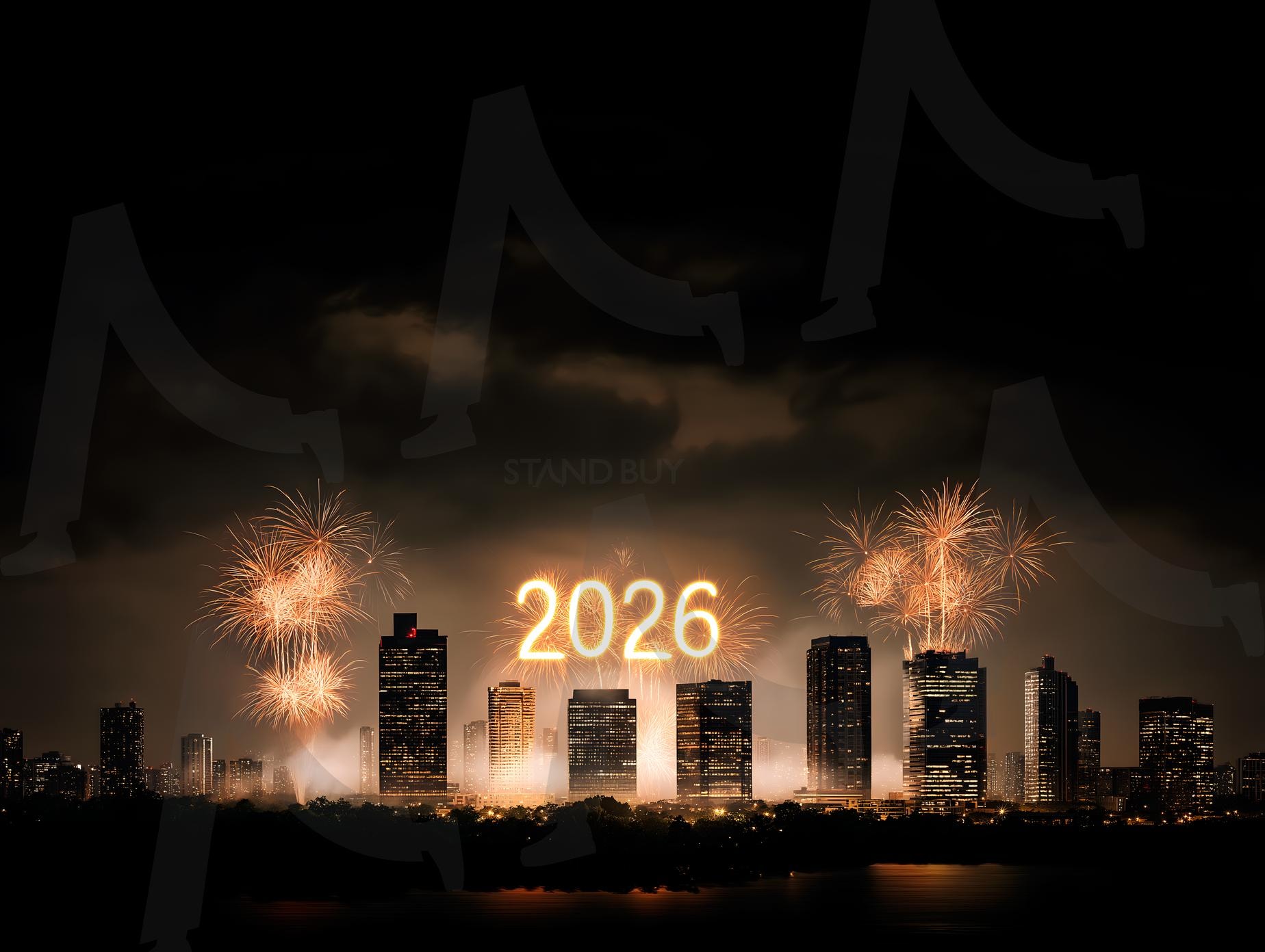 반짝이는 도시 스카이라인 위로 펼쳐지는 자정 불꽃놀이, 빌딩 위로 빛나는 황금빛 2026 | 새해, 2026, 불꽃놀이, 도시, 축하, 기쁨, 미래, 꿈, ai | 스탠바이 STANDBUY 디지털 콘텐츠