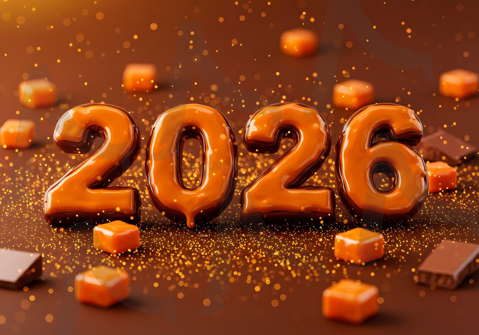 녹인 초콜릿과 반짝이는 황금빛 캐러멜로 표현한 2026년 디지털 아트 | 새해, 2026, 음식, 디저트, 초코릿, 카라멜, 달콤한, ai | 스탠바이 STANDBUY 디지털 콘텐츠