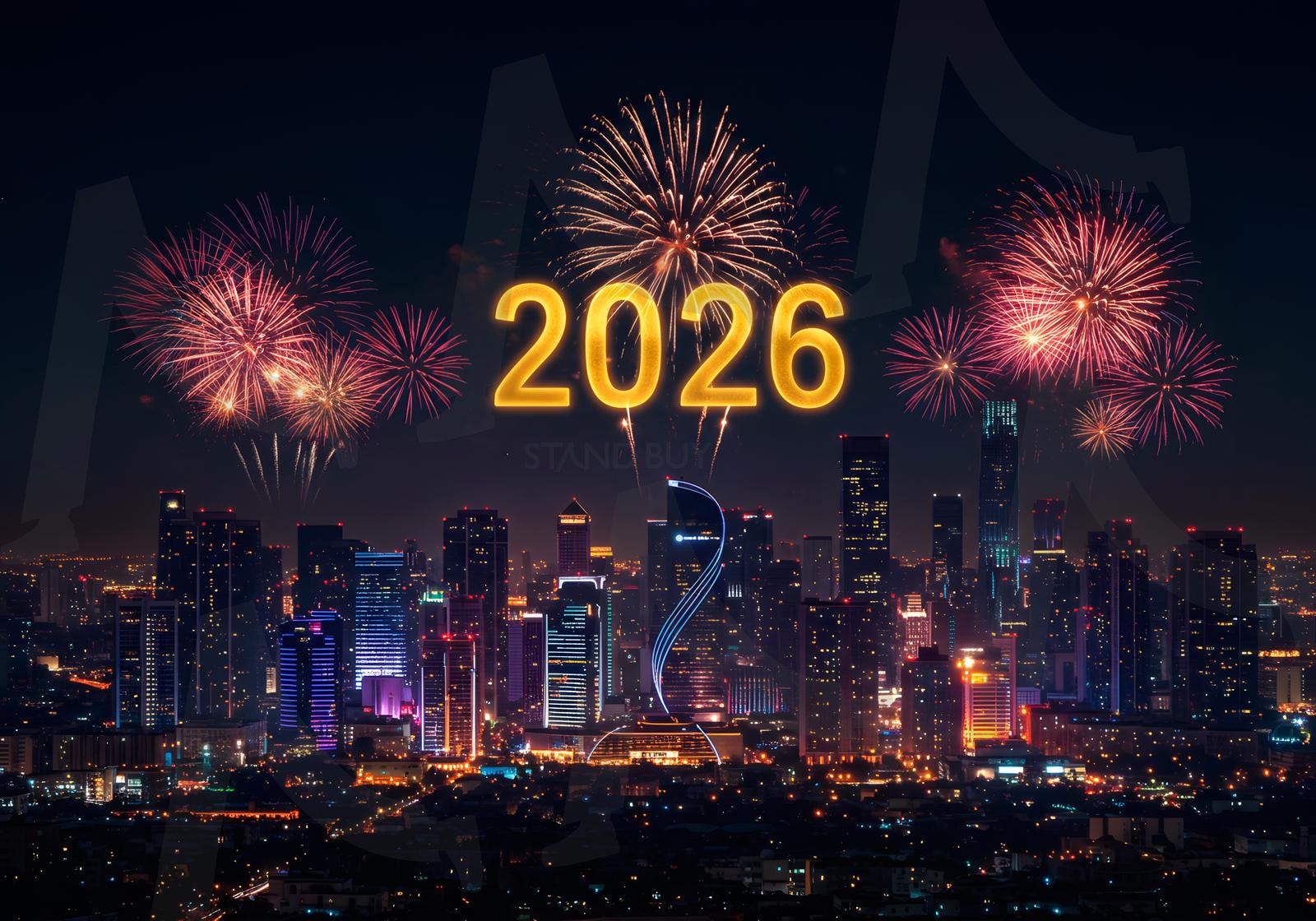 반짝이는 도시 스카이라인 위로 펼쳐지는 자정 불꽃놀이, 빌딩 위로 빛나는 황금빛 2026 | 새해, 2026, 불꽃놀이, 도시, 야경, 축하, 기쁨, ai | 스탠바이 STANDBUY 디지털 콘텐츠