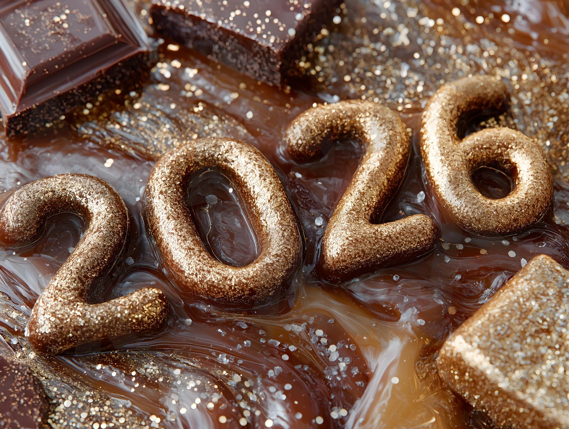 녹인 초콜릿과 반짝이는 황금빛 캐러멜로 표현한 2026년 디지털 아트 | 새해, 2026, 음식, 디저트, 초콜릿, 캐러멜, 카라멜, 달콤한, ai | 스탠바이 STANDBUY 디지털 콘텐츠