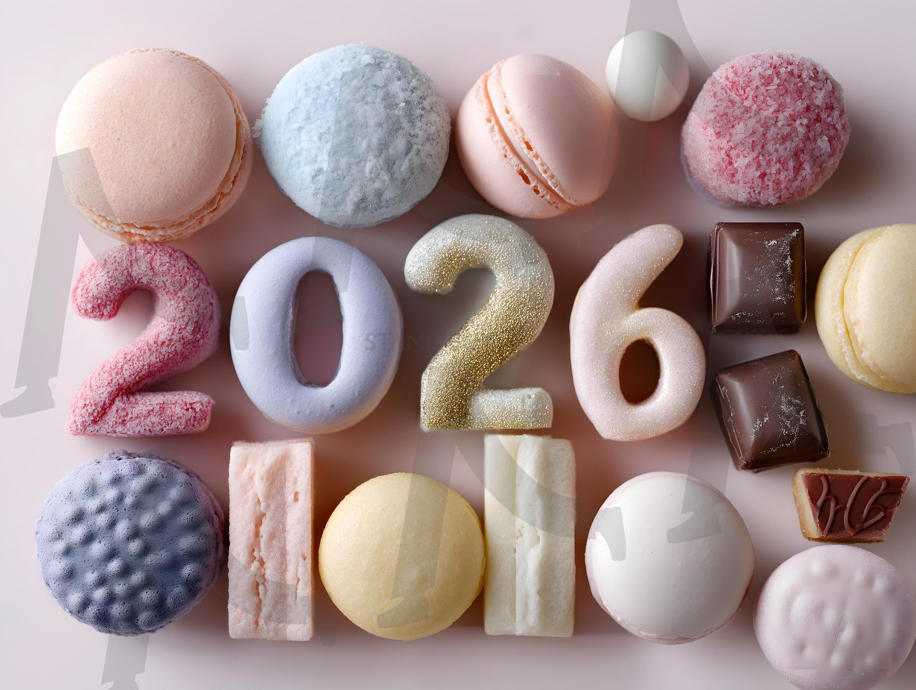 마카롱, 컵케이크, 초콜릿으로 구성된 파스텔톤의 예술적인 플랫레이 구성. 2026년을 상징하는 달콤하고 축제적인 분위기를 연출합니다. | 새해, 2026, 음식, 간식, 마카롱, 베이커리, 디저트, ai | 스탠바이 STANDBUY 디지털 콘텐츠