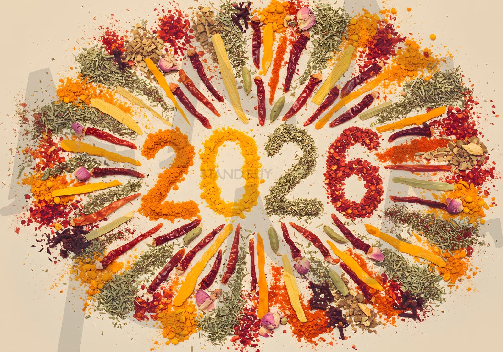 2026년을 상징하는 불꽃놀이처럼 배열된 다채로운 향신료의 추상적인 탑뷰 | 새해, 2026, 음식, 향신료, 허브, 조미료, ai | 스탠바이 STANDBUY 디지털 콘텐츠