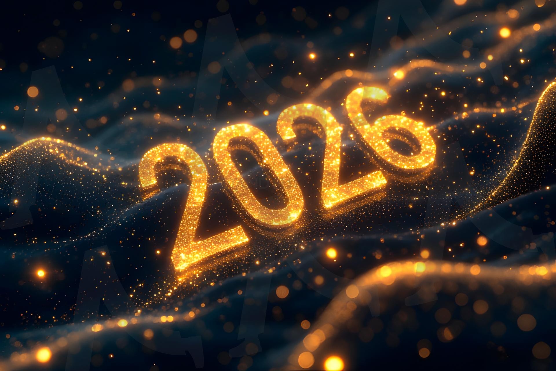 우주 공간에서 빛나는 입자들과 함께 2026년을 형성하는 추상적인 황금빛 파도 | 2026, 추상, 황금, 우주, 입자, 공간, 파도, 예술, ai | 스탠바이 STANDBUY 디지털 콘텐츠