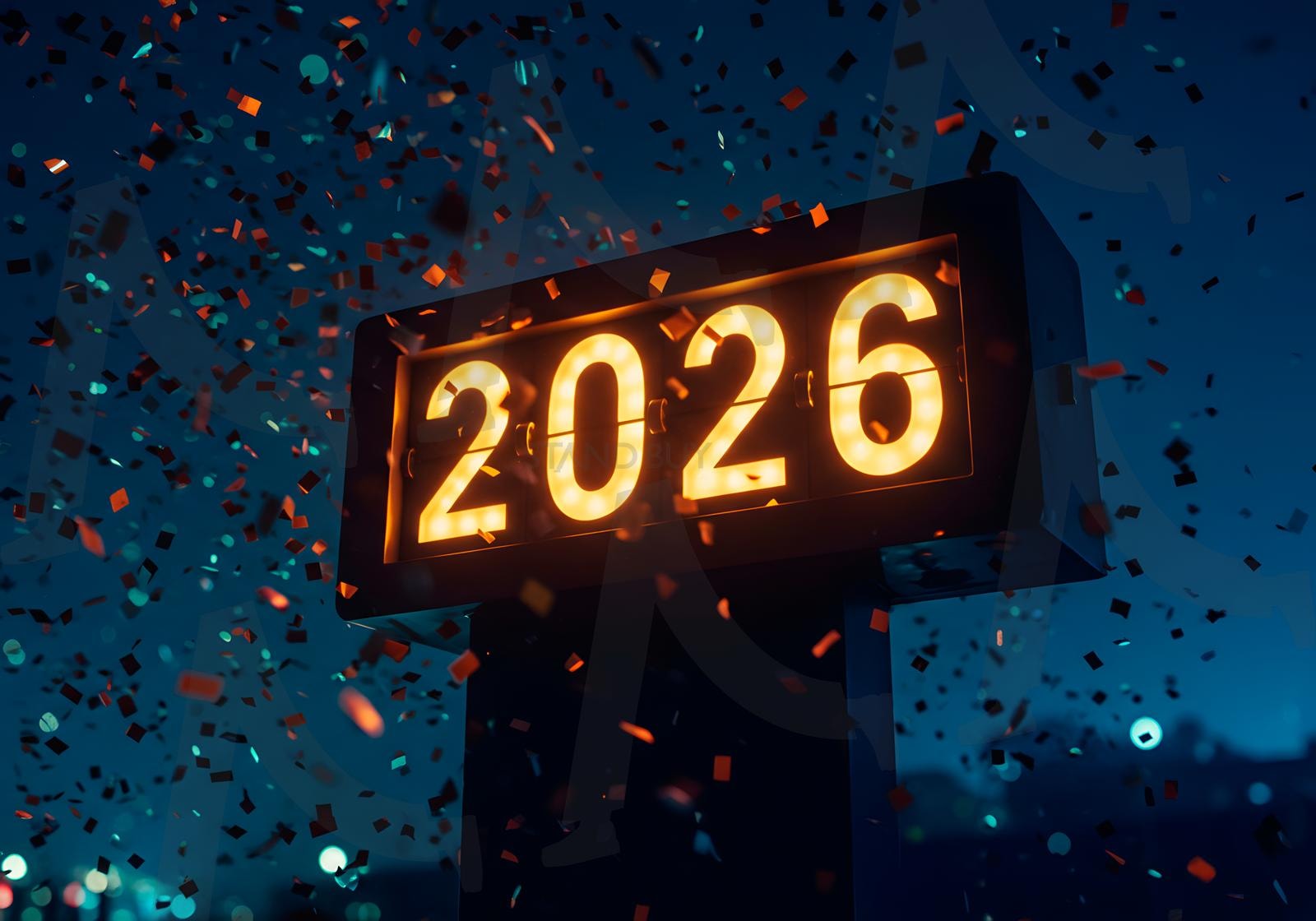 색종이 조각과 반짝이는 카운트다운 시계로 2026년 새해를 축하하세요. | 2026, 새해, 색종이 조각, 디지털, 카운트다운, 축하, 기쁨, 환호, ai | 스탠바이 STANDBUY 디지털 콘텐츠