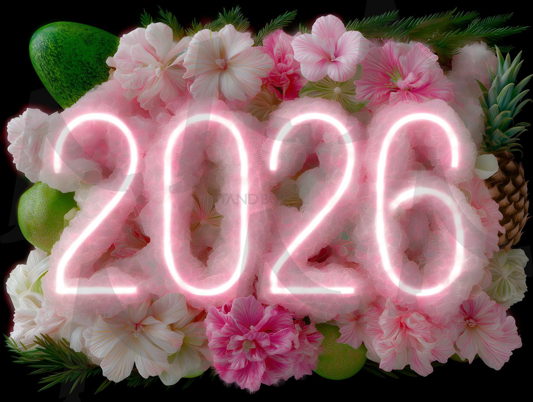 초현실적인 스타일로 과일과 채소로만 구성된 2026년 3D 네온 렌더링 | 새해, 2026, 음식, 과일, 3D, 네온, 글씨, ai | 스탠바이 STANDBUY 디지털 콘텐츠