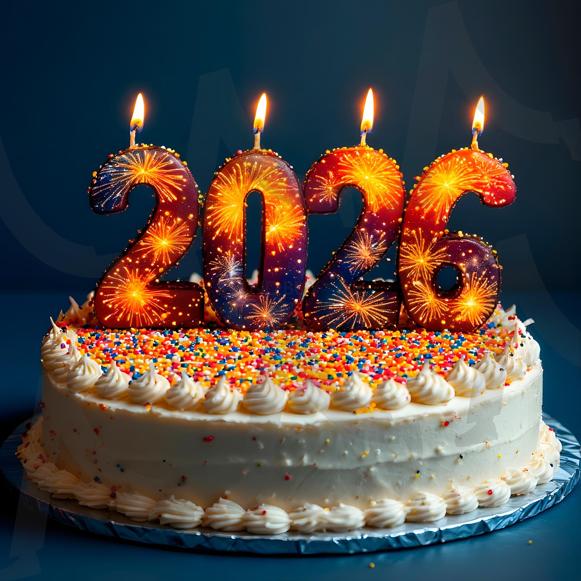 제목(80자) 폭죽 프로스팅, 양초, 축제 스프링클을 얹은 창의적인 2026 모양 케이크 | 새해, 2026, 음식, 디저트, 케이크, 베이킹, 케익, ai | 스탠바이 STANDBUY 디지털 콘텐츠