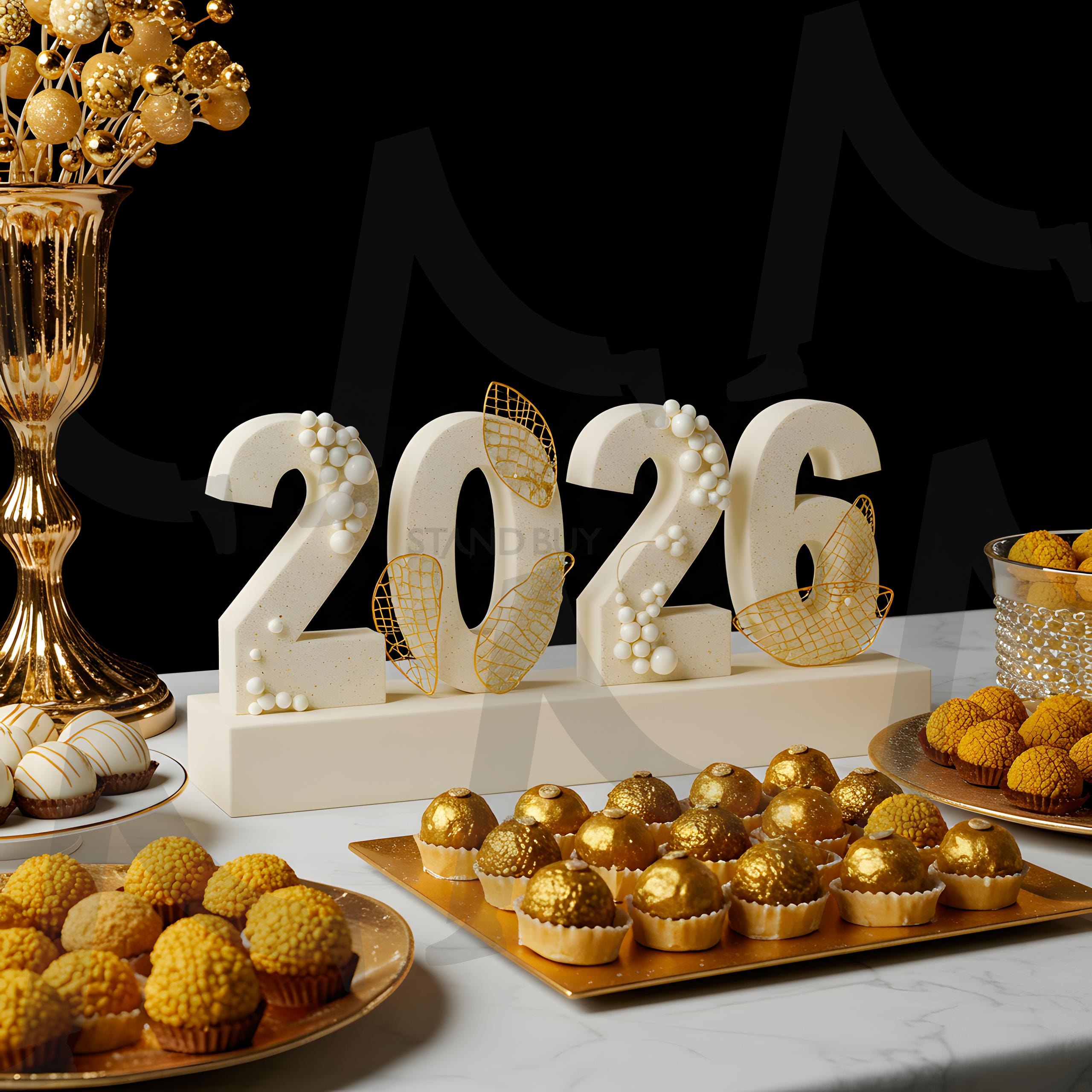 2026년을 상징하는 황금빛 트러플과 각설탕으로 장식된 우아한 디저트 테이블입니다. | 새해, 2026, 음식, 디저트, 초코릿, 간식, ai | 스탠바이 STANDBUY 디지털 콘텐츠