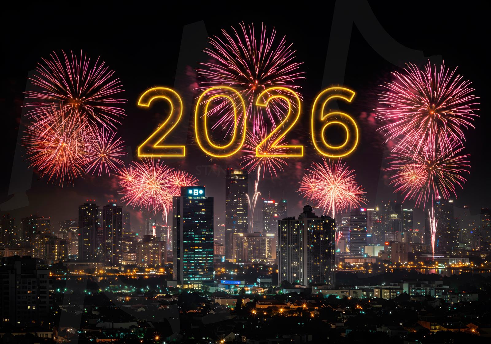 반짝이는 도시 스카이라인 위로 펼쳐지는 자정 불꽃놀이, 빌딩 위로 빛나는 황금빛 2026 | 새해, 2026, 불꽃놀이, 도시, 축하, 자정, 기쁨, ai | 스탠바이 STANDBUY 디지털 콘텐츠