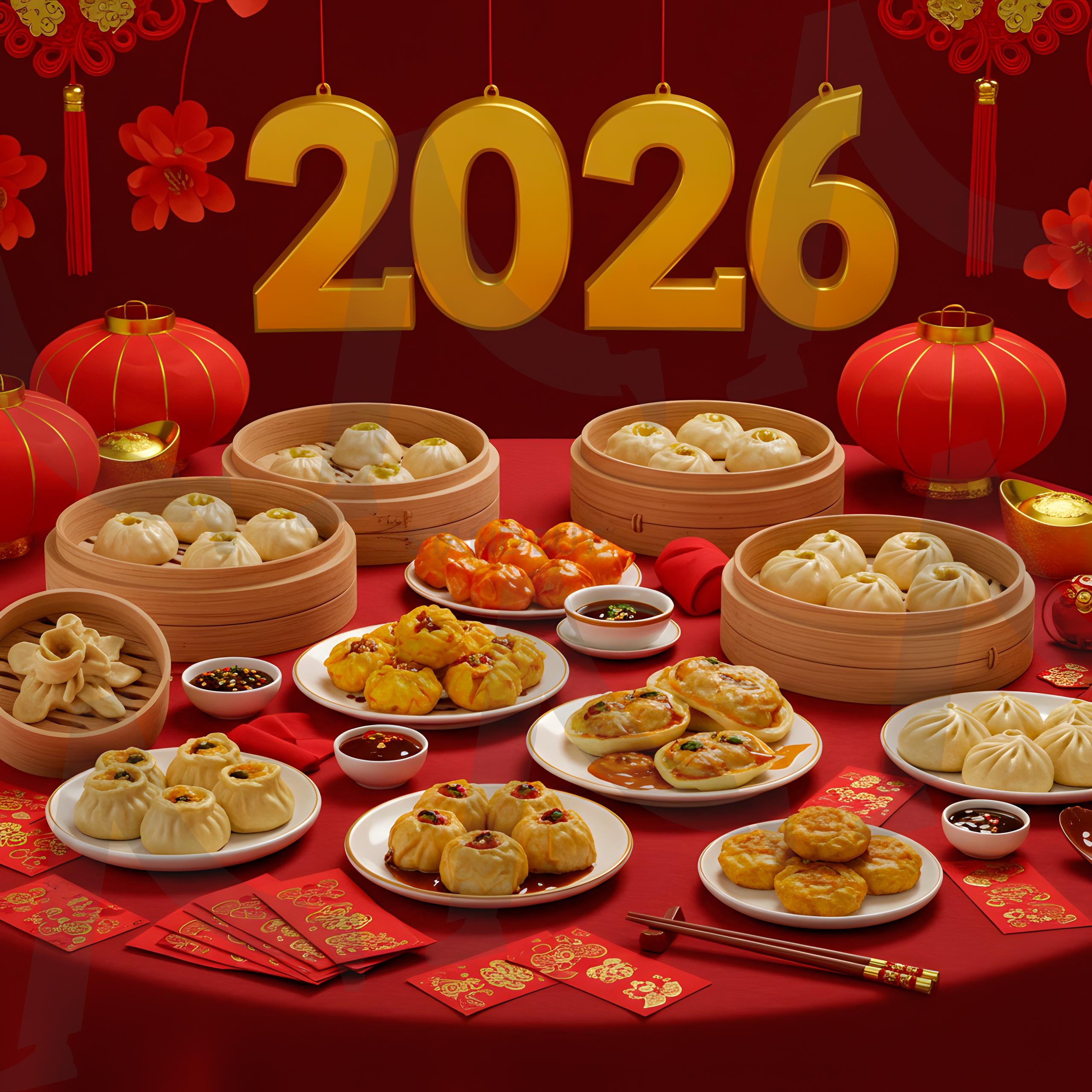 빨간 봉투와 황금빛 2026이 놓인 축제 테이블 위의 중국식 만두 | 새해, 2026, 중국, 음식, 설날, 등불, 식사, ai | 스탠바이 STANDBUY 디지털 콘텐츠