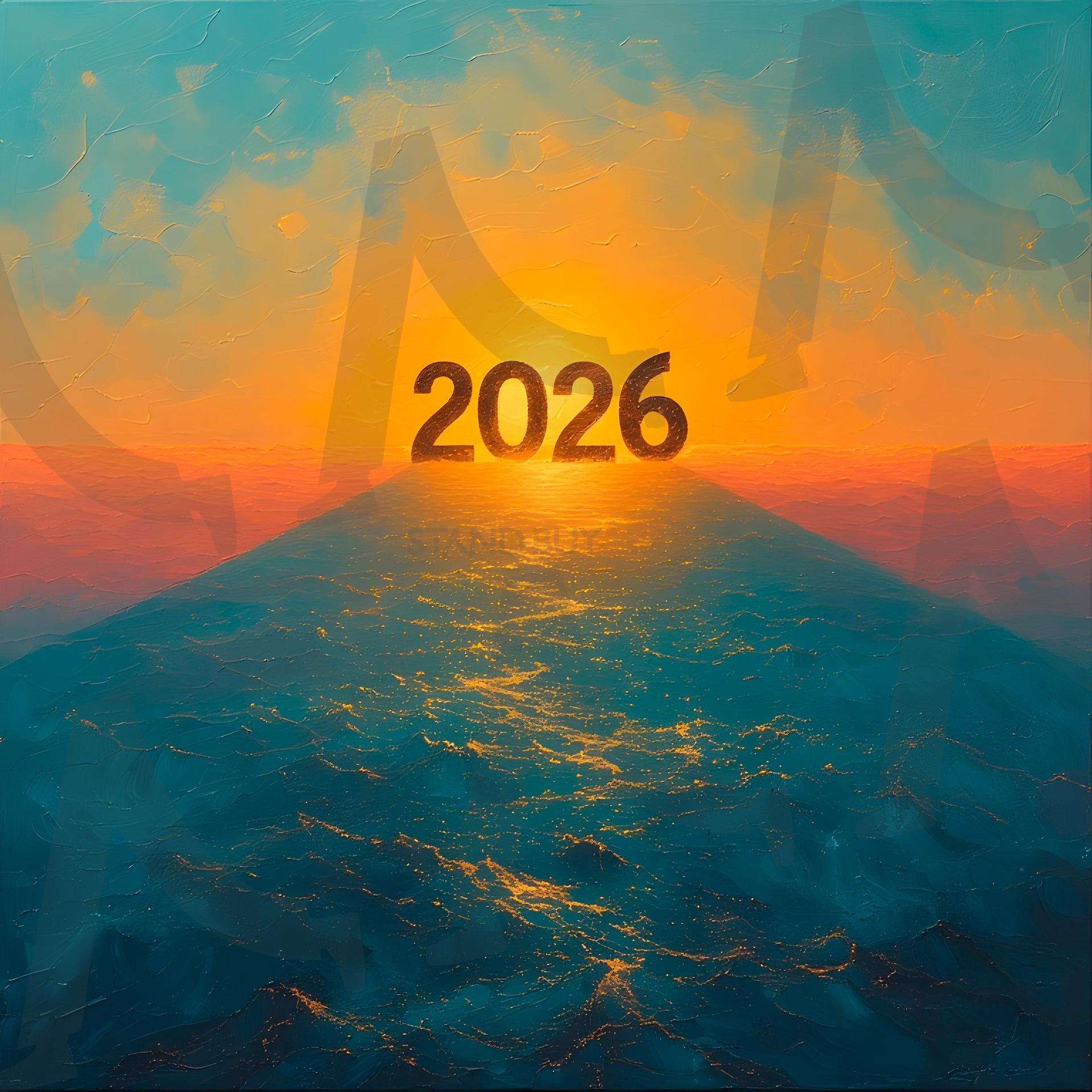 새로운 시작을 알리는 밝은 일출과 함께 떠오르는 2026년을 담은 사진 | 새해, 새벽, 바다, 2026, 태양, 추상, 지평선, ai | 스탠바이 STANDBUY 디지털 콘텐츠