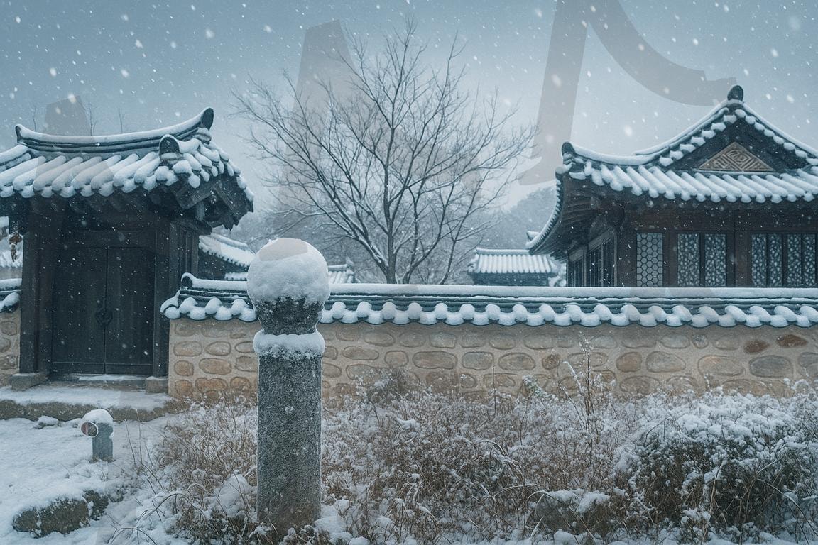 눈이 내려앉은 고요한 한옥의 겨울_A Quiet Winter Day at a Snow-Covered Hanok | 한옥, 겨울풍경, 눈내리는날, 전통건축, 한국전통, hanok, Korean traditional architecture, winter landscape, snowy day, ai | 스탠바이 STANDBUY 디지털 콘텐츠