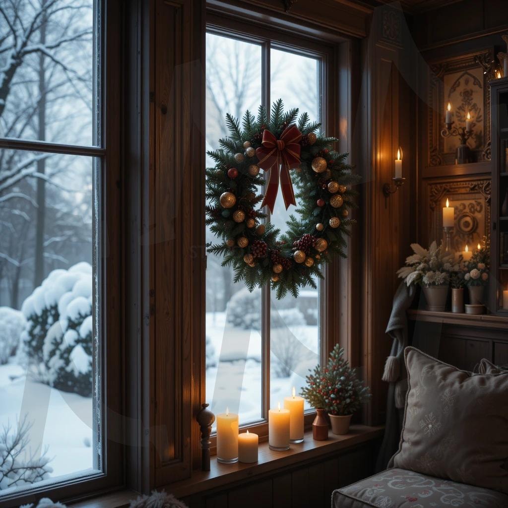 창밖에 눈이 쌓인 따뜻한 방 안에서 촛불과 크리스마스 | 크리스마스, 크리스마스촛불, 코지한느낌, 눈, 따뜻한 방, ai | 스탠바이 STANDBUY 디지털 콘텐츠