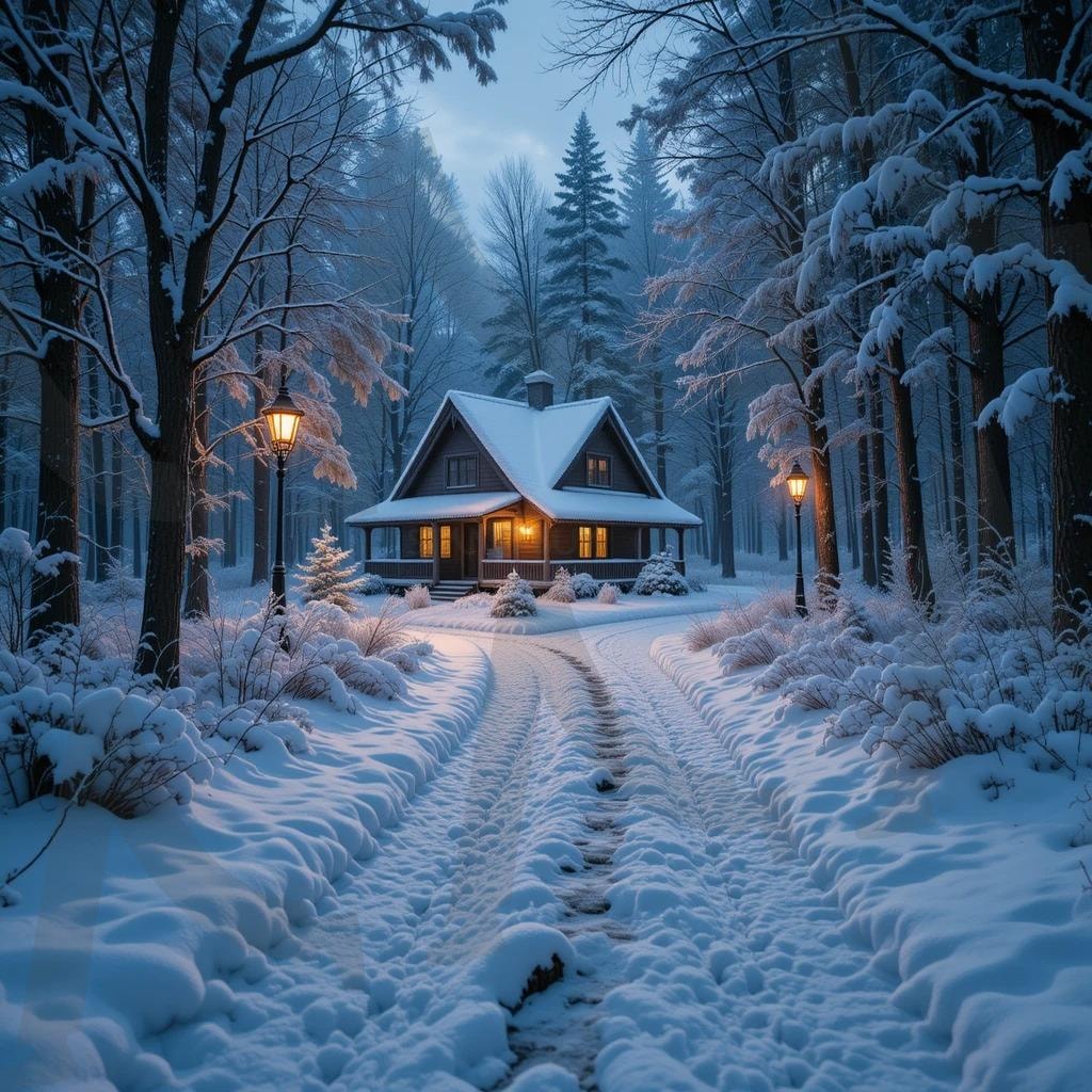 크리스마스의 눈 덮인 숲길 사이로 따뜻한 불빛의 오두막 | 눈, 숲길, 오두막, 겨울, 동화, 크리스마스, ai | 스탠바이 STANDBUY 디지털 콘텐츠