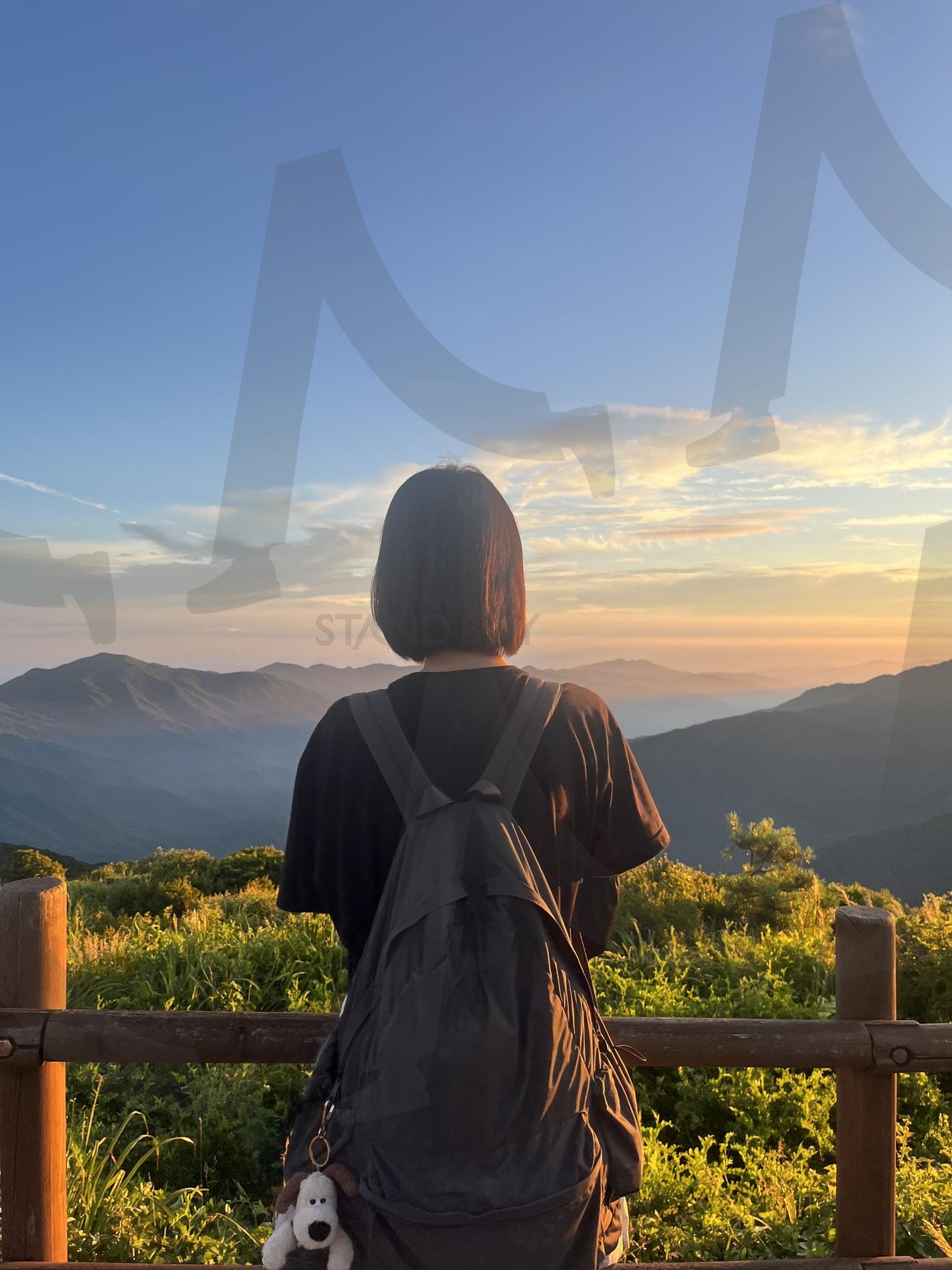 노고단 일출과 숲 소녀 | 숲, 소녀, 여자, 뒷모습, 단발, 가방, 해돋이, 일출, 자연, 여유로운, 한가로운, 자유로운, 한적한, 등산, 아침, 하늘, 구름, 따스한, 따뜻한, 노고단, 지리산 | 스탠바이 STANDBUY 디지털 콘텐츠