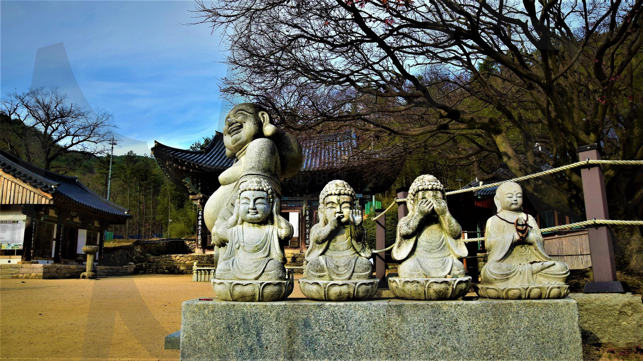 듣지 말고, 말하지 말고, 보지 말고, 기도하라 절의 조각상들 | 절, 사찰, 법당, 석상, 돌, 불상, 동자승, 스님, 부처, 겨울 | 스탠바이 STANDBUY 디지털 콘텐츠